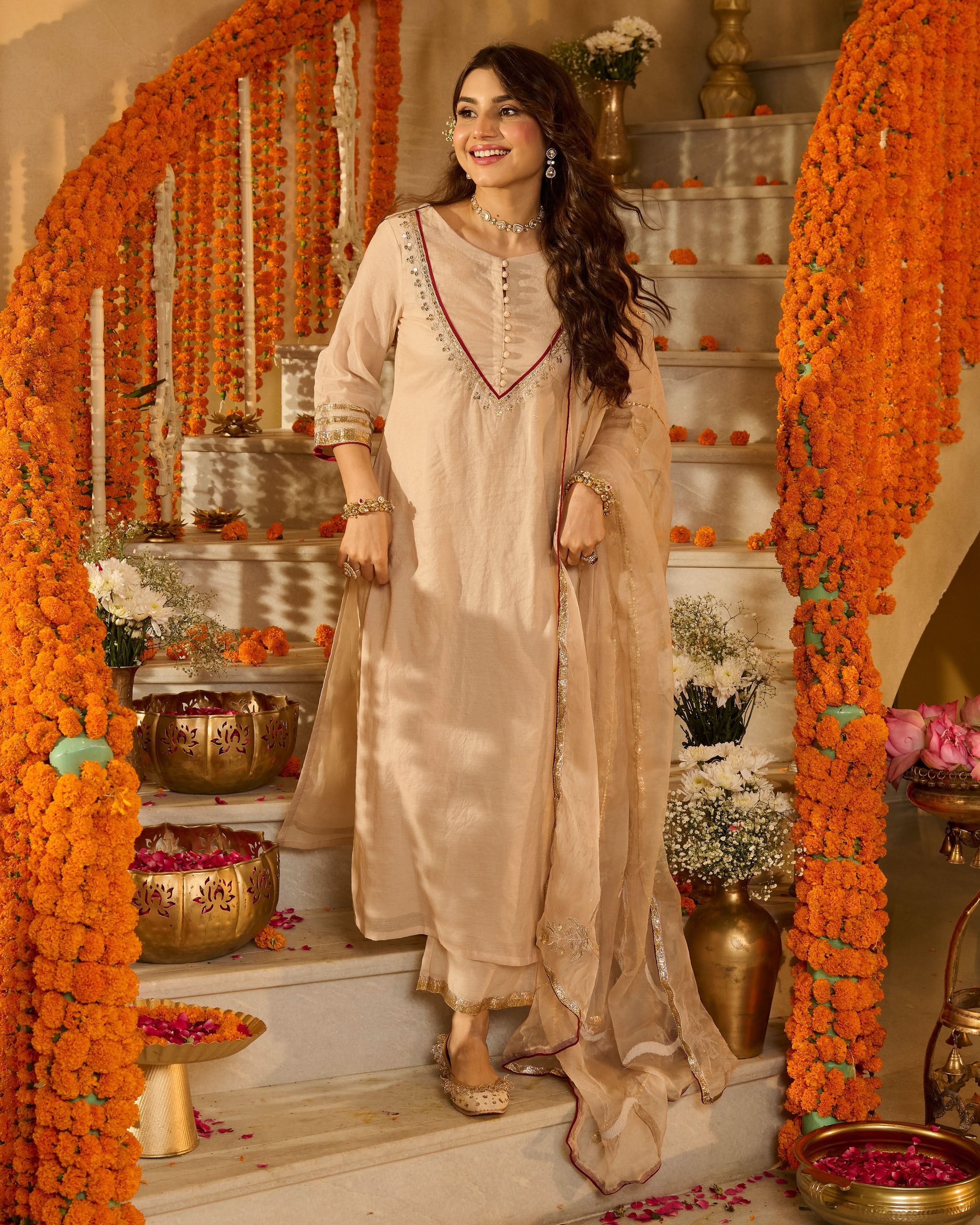 Aarush Beige Solid Chanderi Suit Set - Image 2