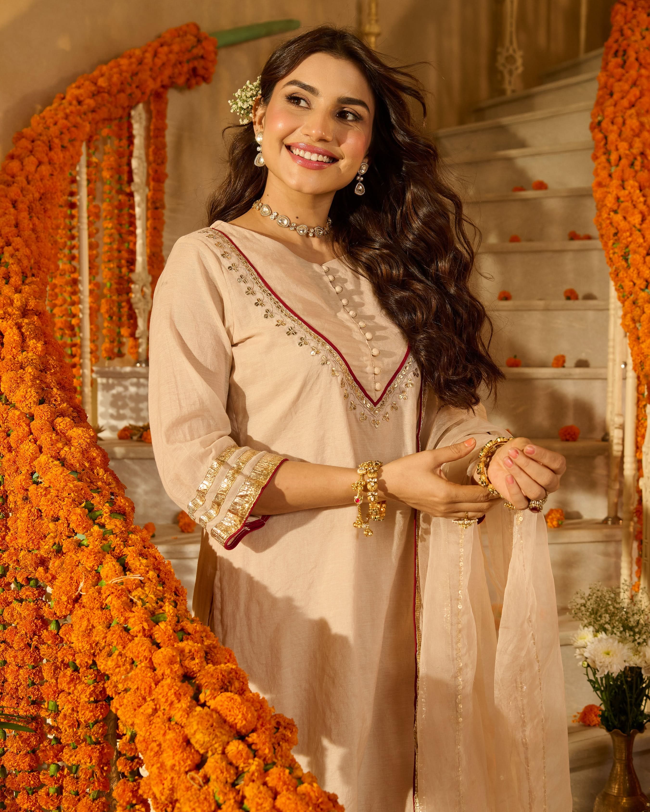 Aarush Beige Solid Chanderi Suit Set - Image 6
