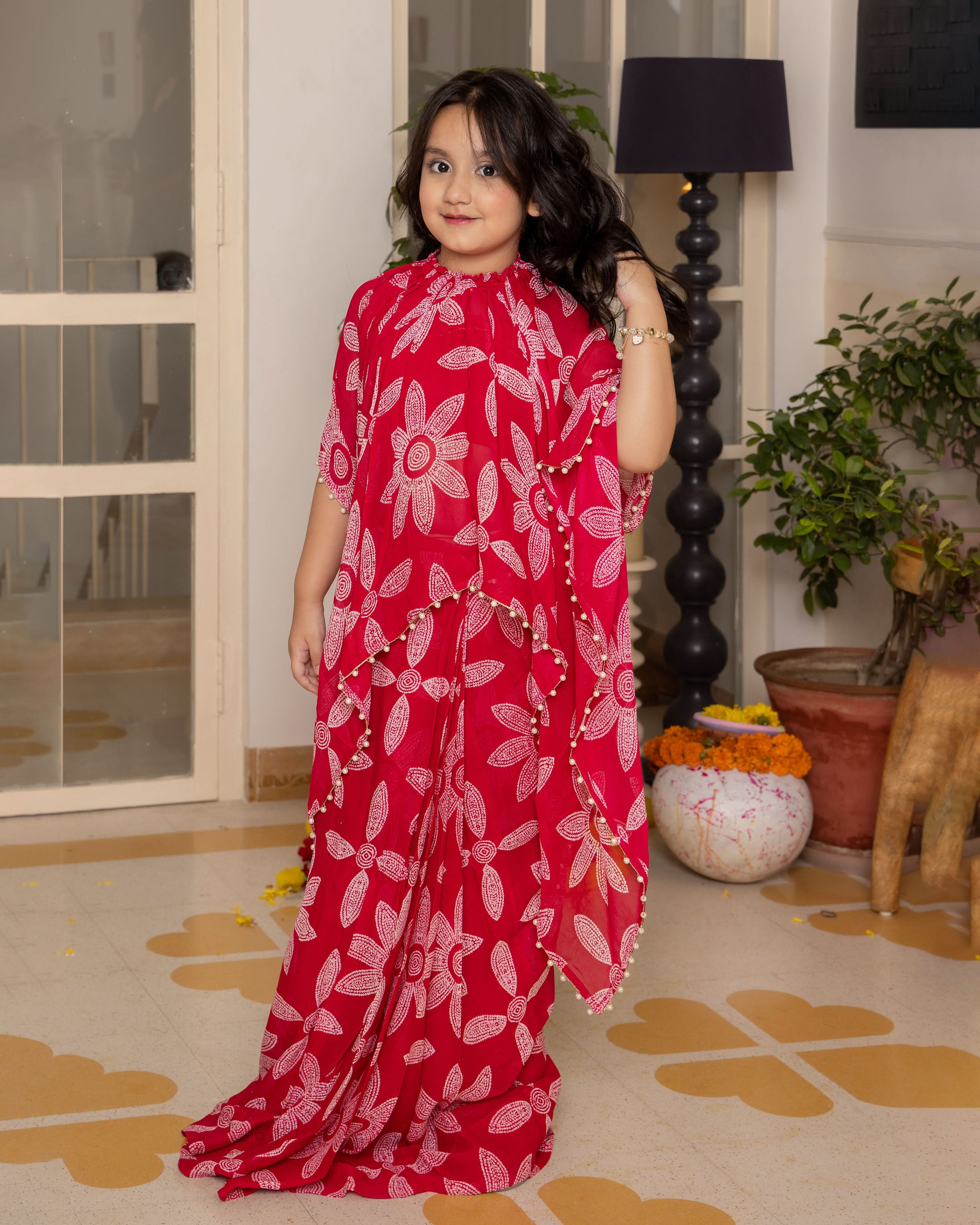 Adaa Pink Bandhani Georgette Pre Draped Saree - Image 2