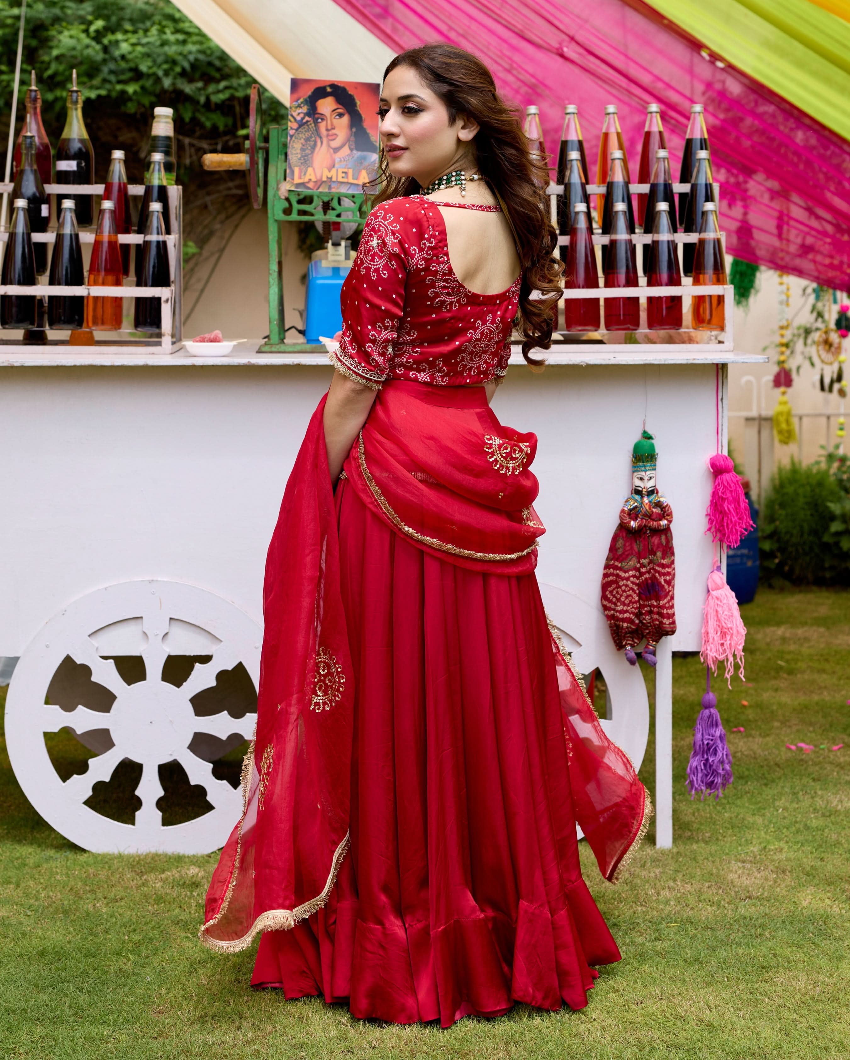Amrit Red Bandhani Satin Lehenga Set - Image 5