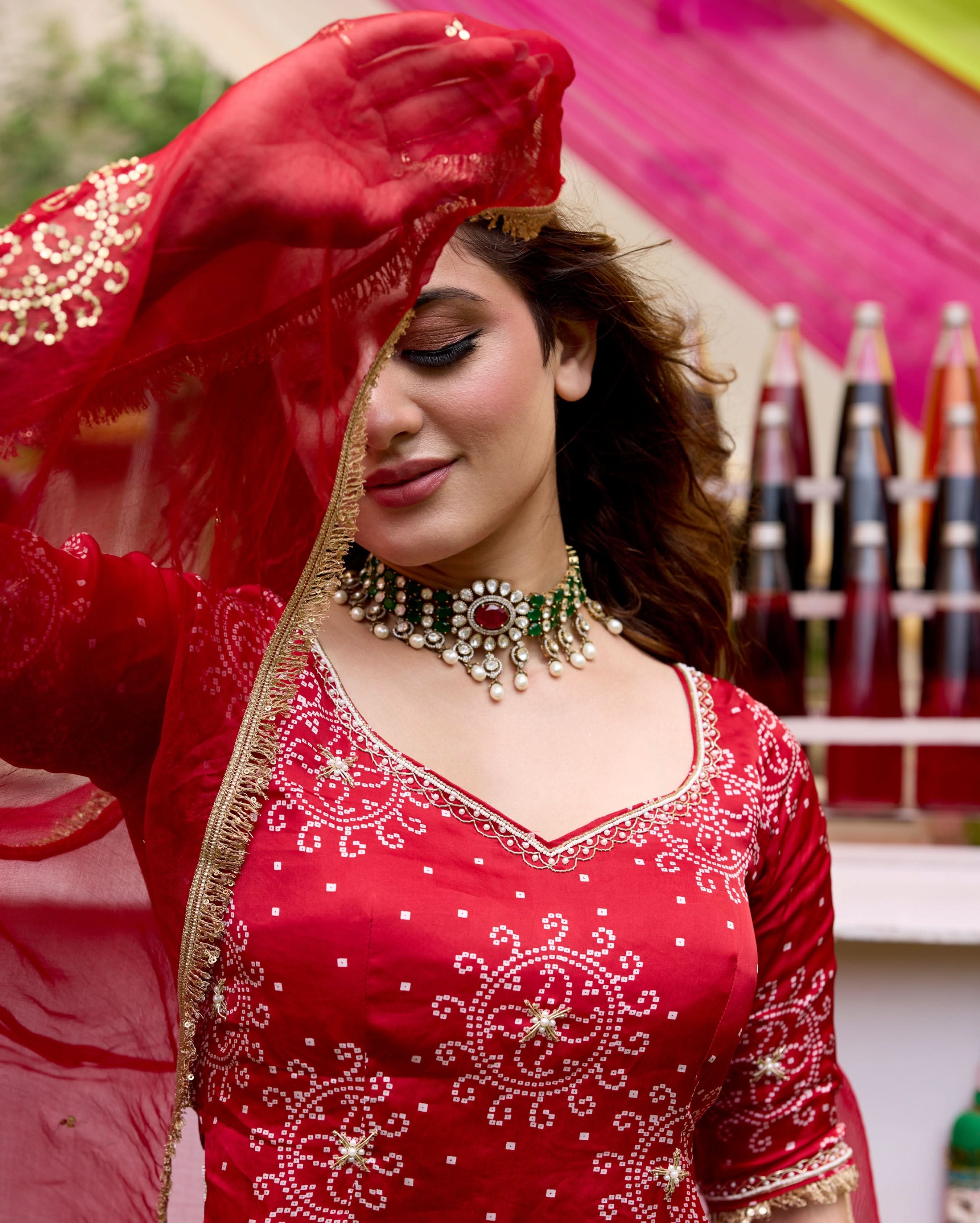 Amrit Red Bandhani Satin Lehenga Set - Image 6