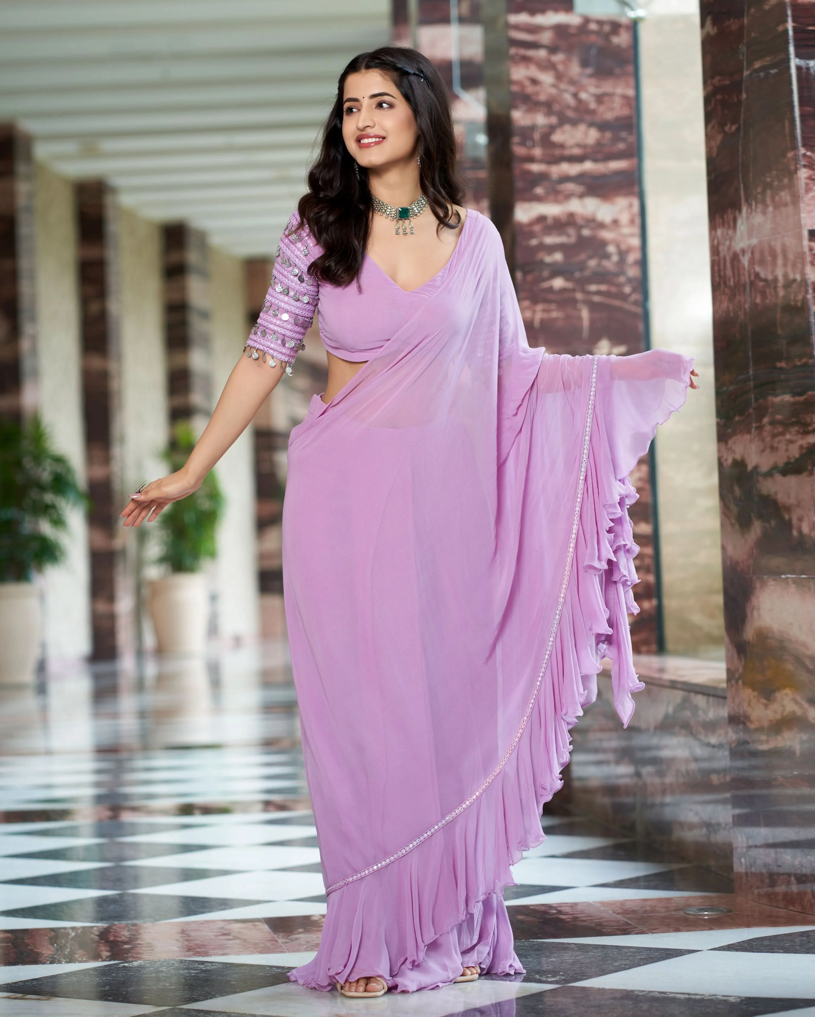 Anvita Lavender Solid Georgette Pre Draped Saree - Image 3