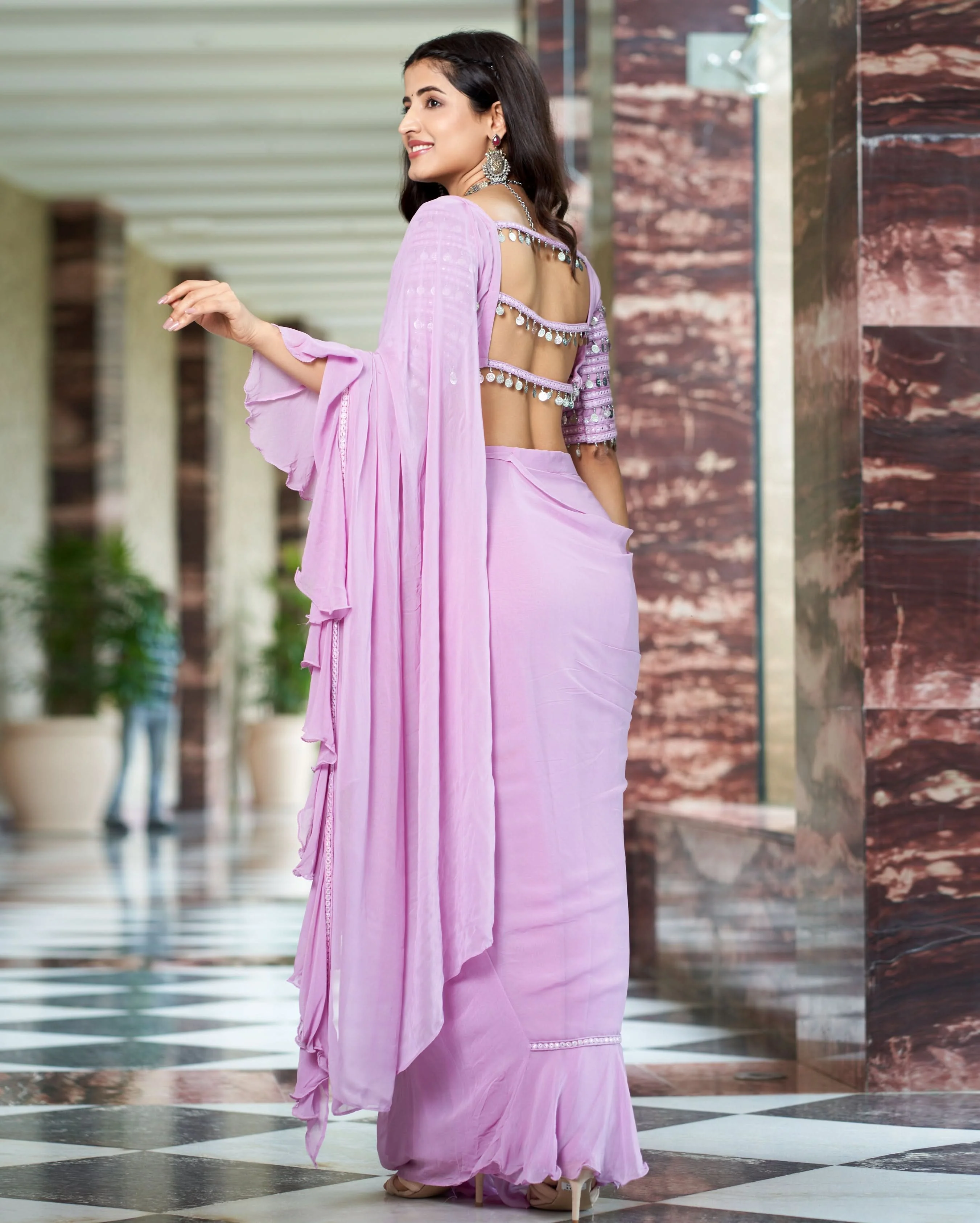 Anvita Lavender Solid Georgette Pre Draped Saree - Image 6