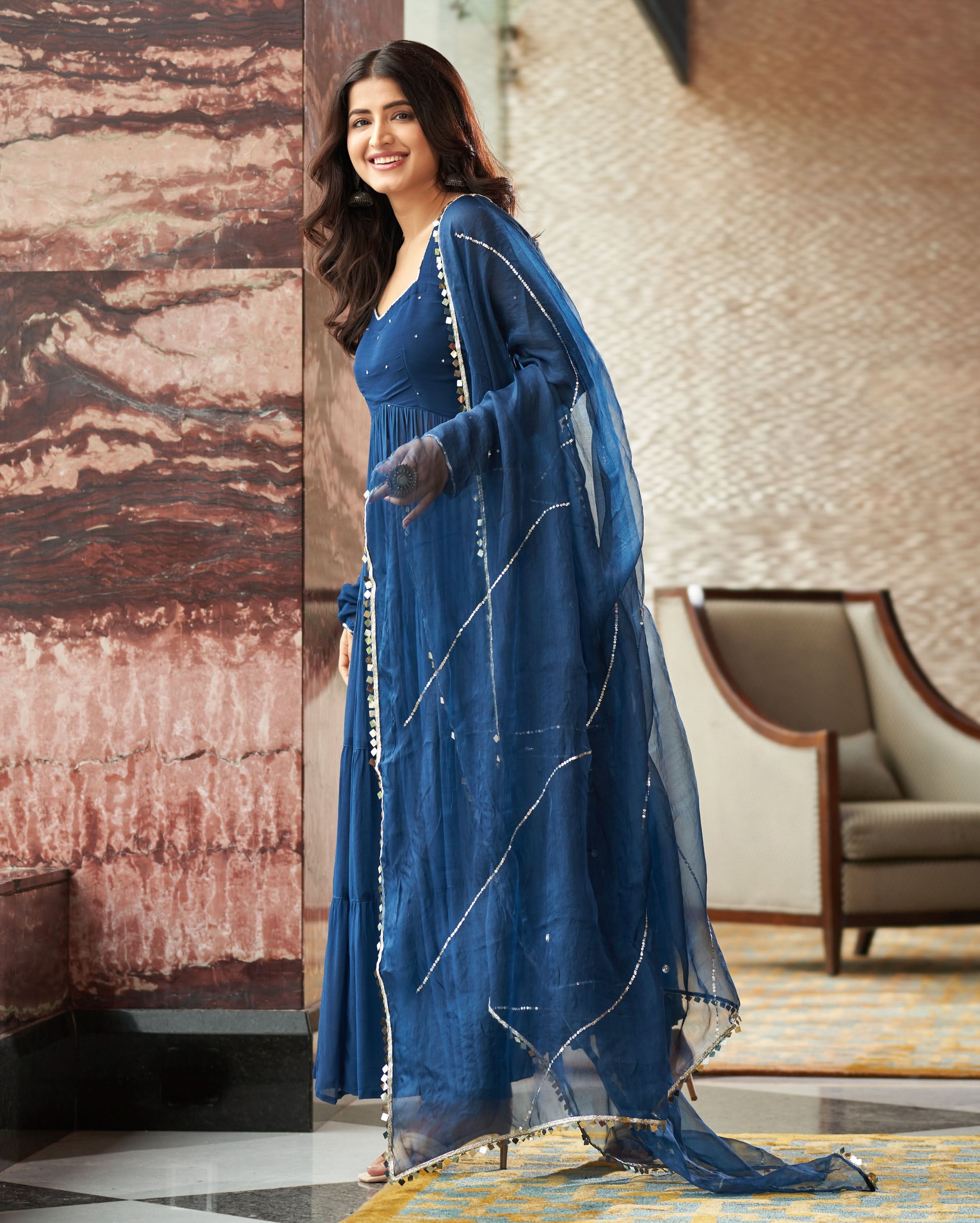 Aradhna Blue Embroidered Georgette Suit Set - Image 3