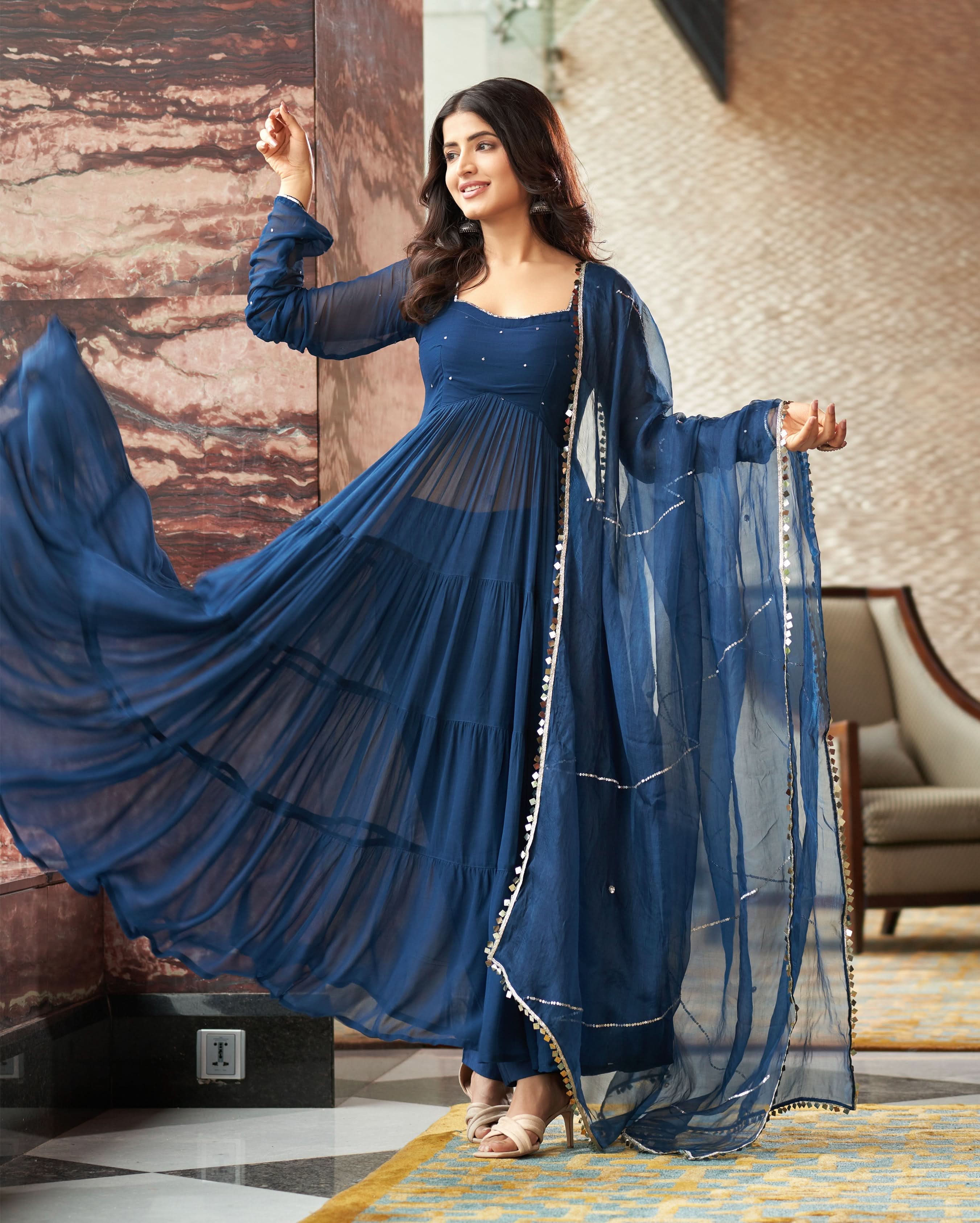 Aradhna Blue Embroidered Georgette Suit Set - Image 4