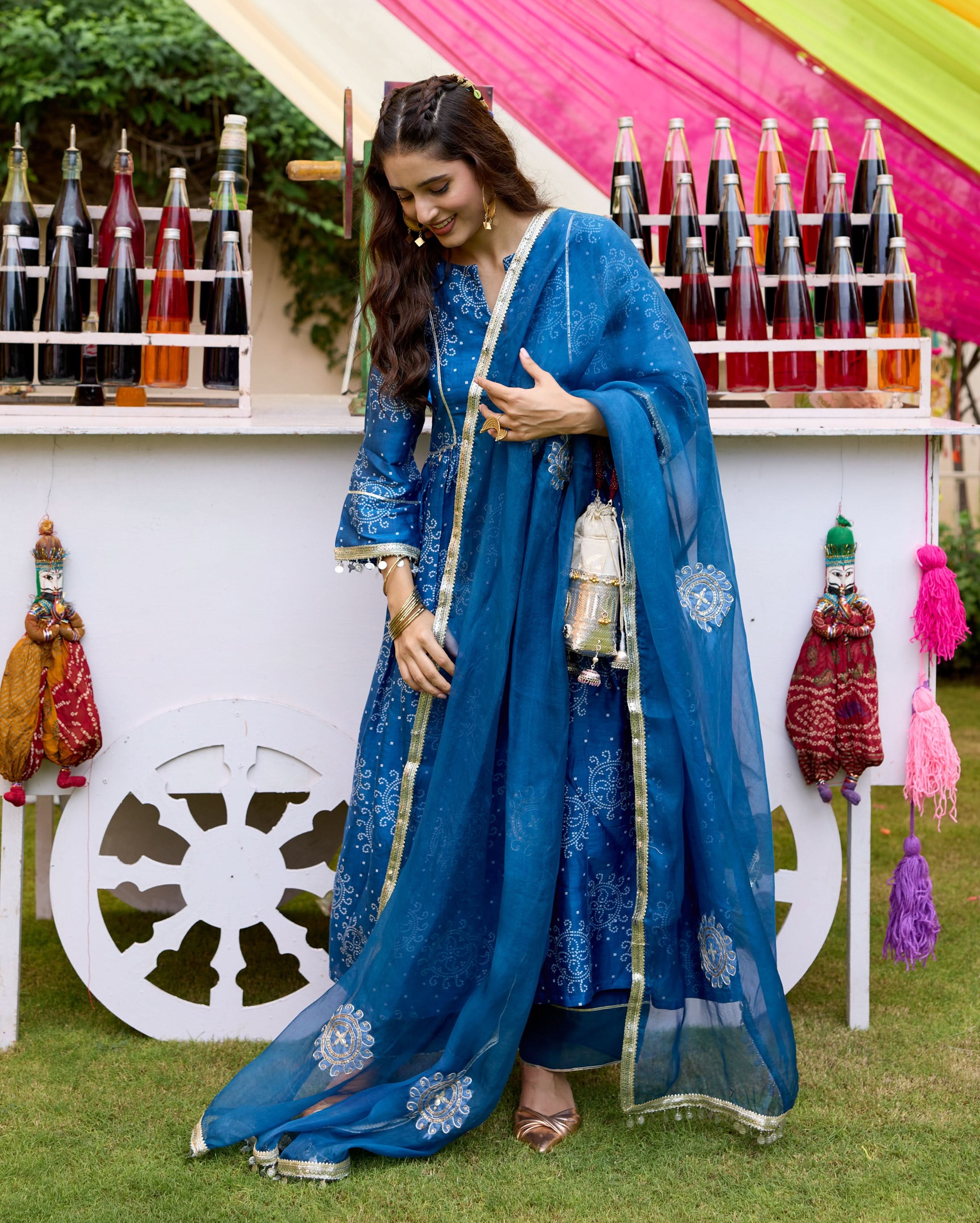 Arogya Blue Bandhani Chanderi Suit Set - Image 3
