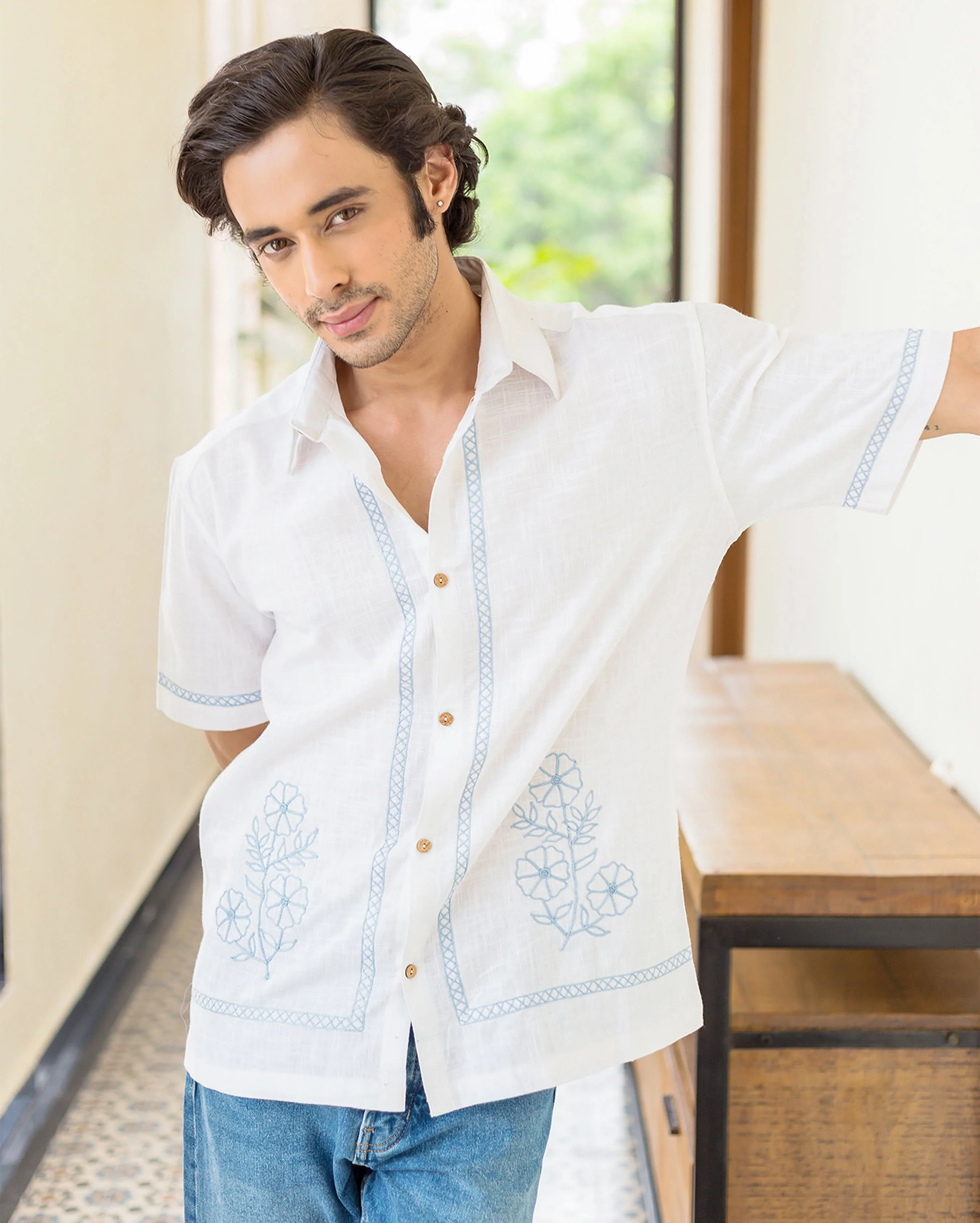 Asher White Embroidered Slub Shirt - Image 3