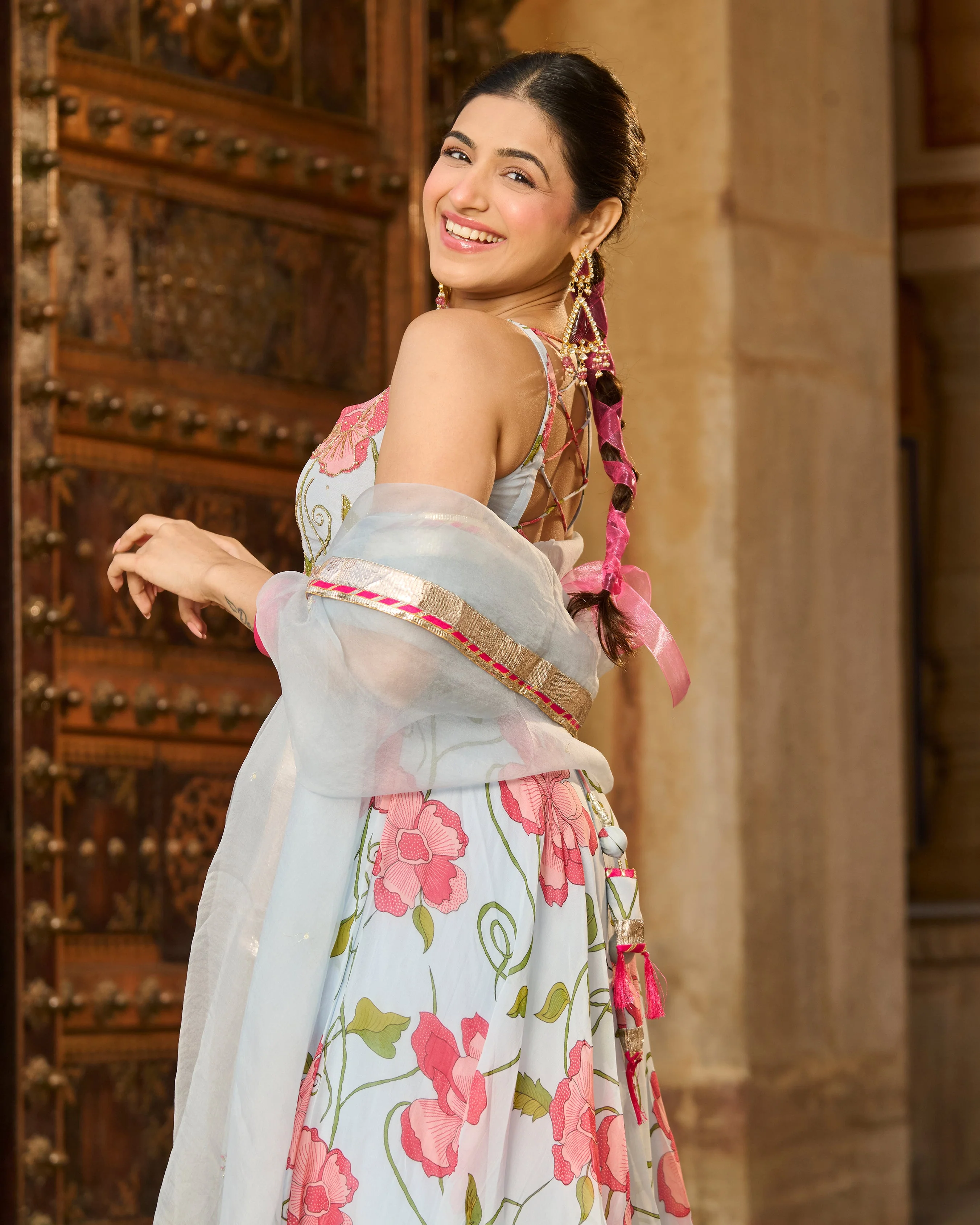 Astra Light Blue Printed Viscose Organza Suit Set - Image 6