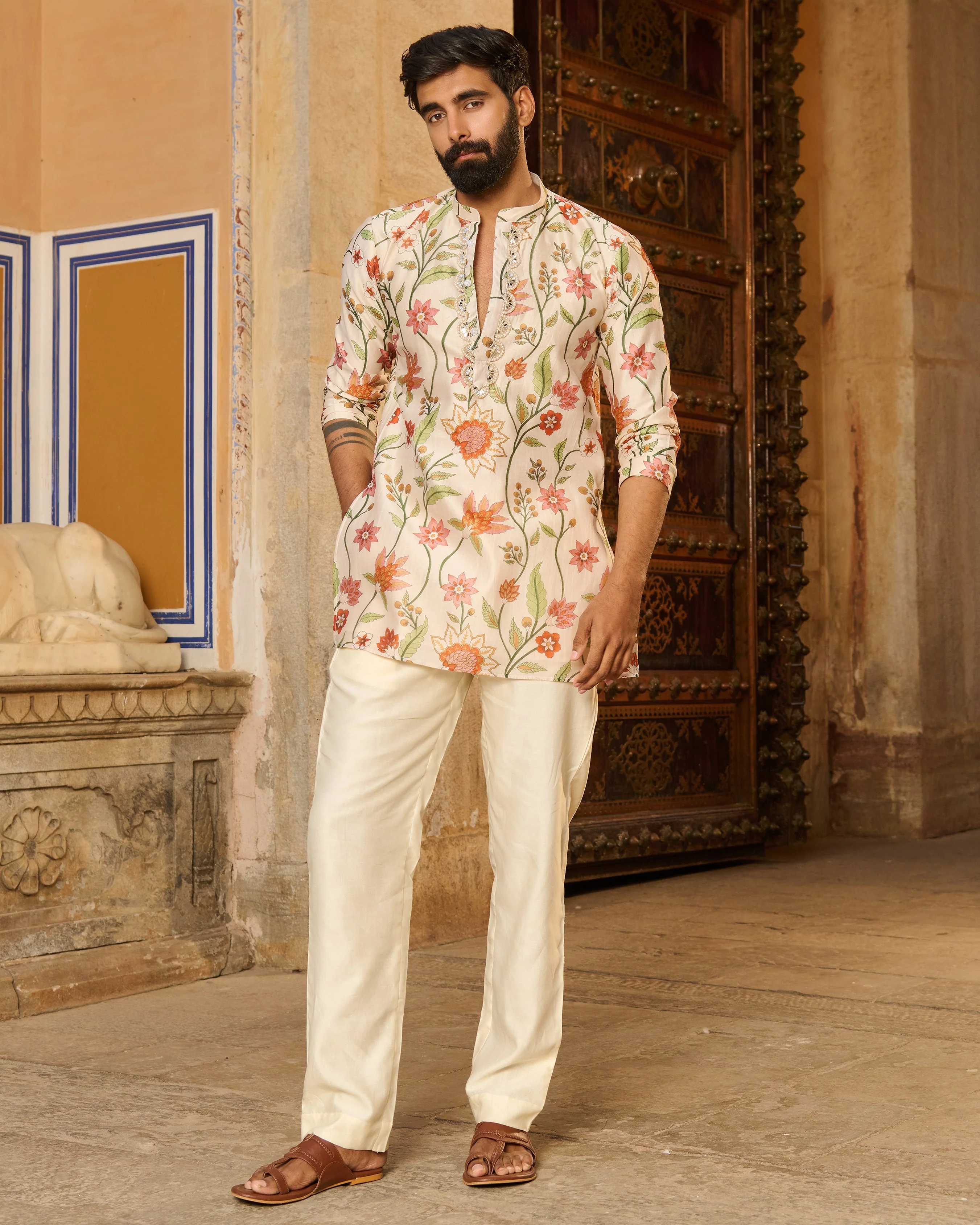 Atharv Ivory Printed Chanderi Kurta - Image 2