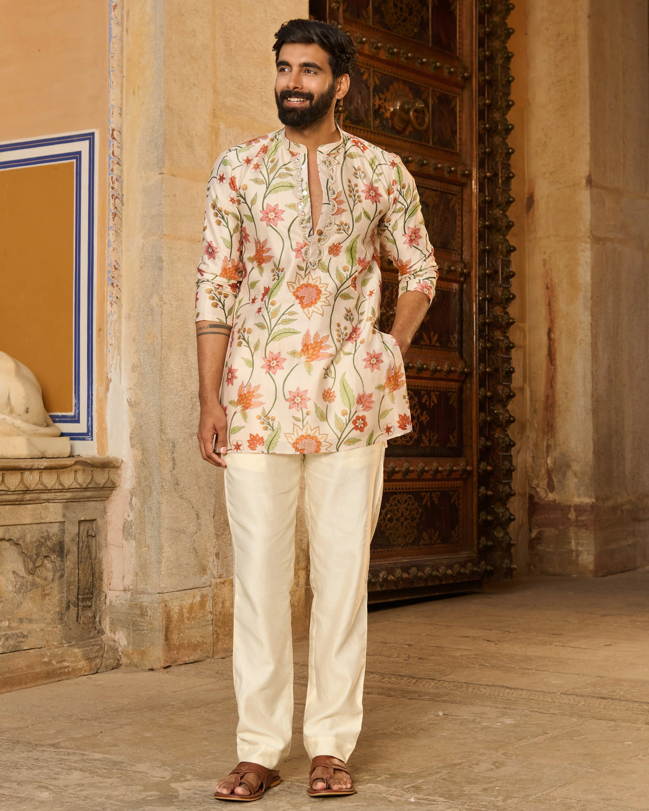 Atharv Ivory Printed Chanderi Kurta - Image 3