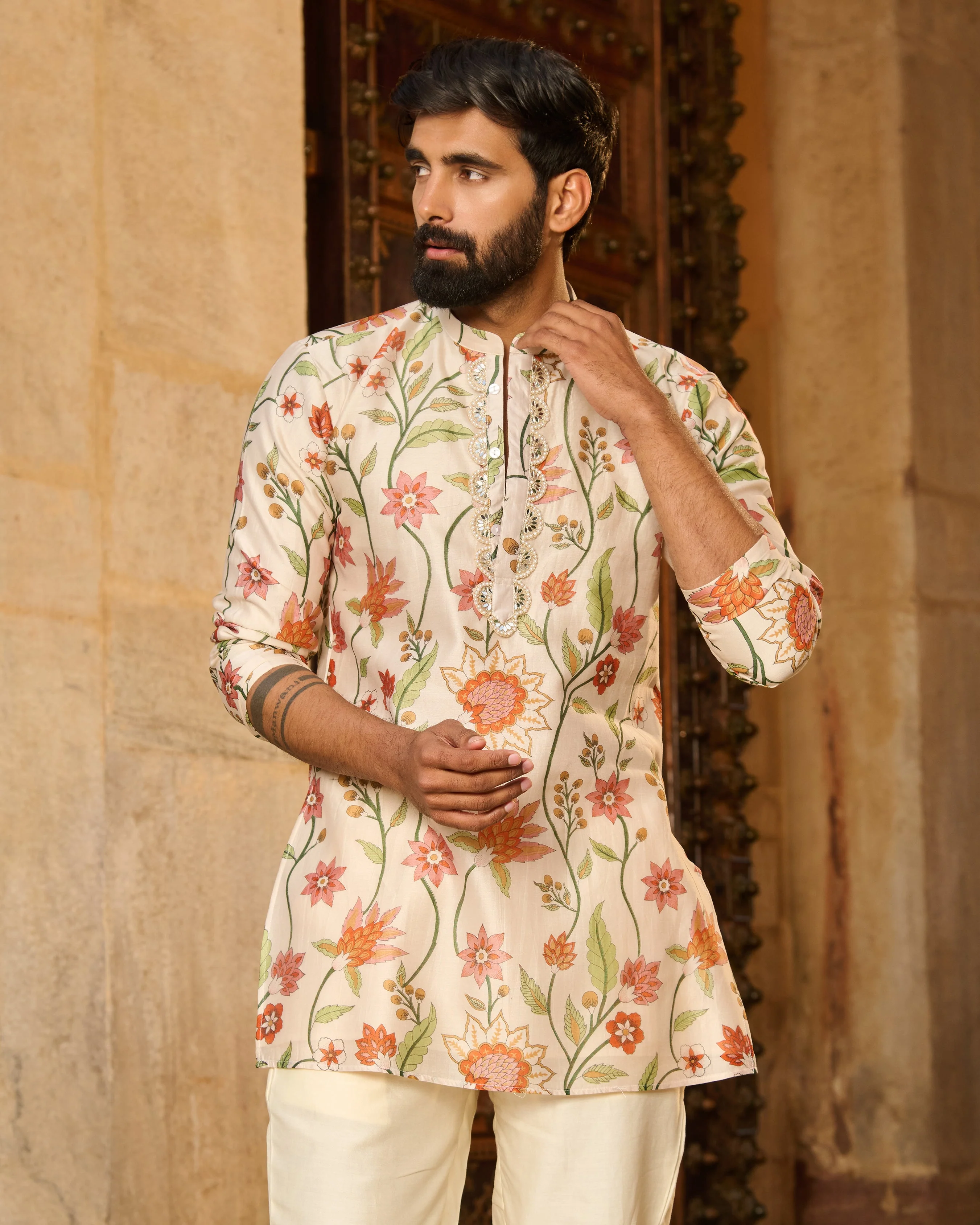 Atharv Ivory Printed Chanderi Kurta - Image 5