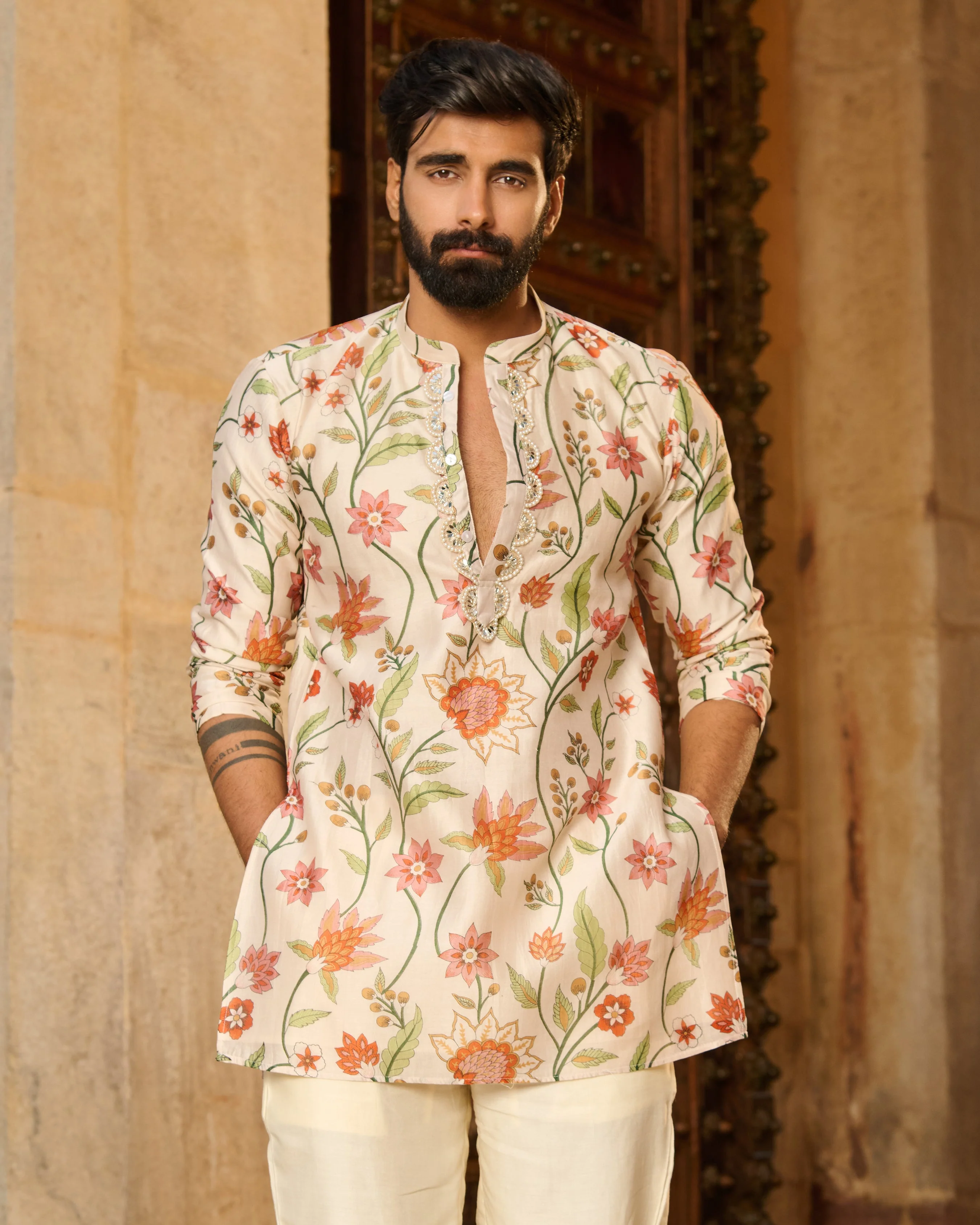Atharv Ivory Printed Chanderi Kurta - Image 7