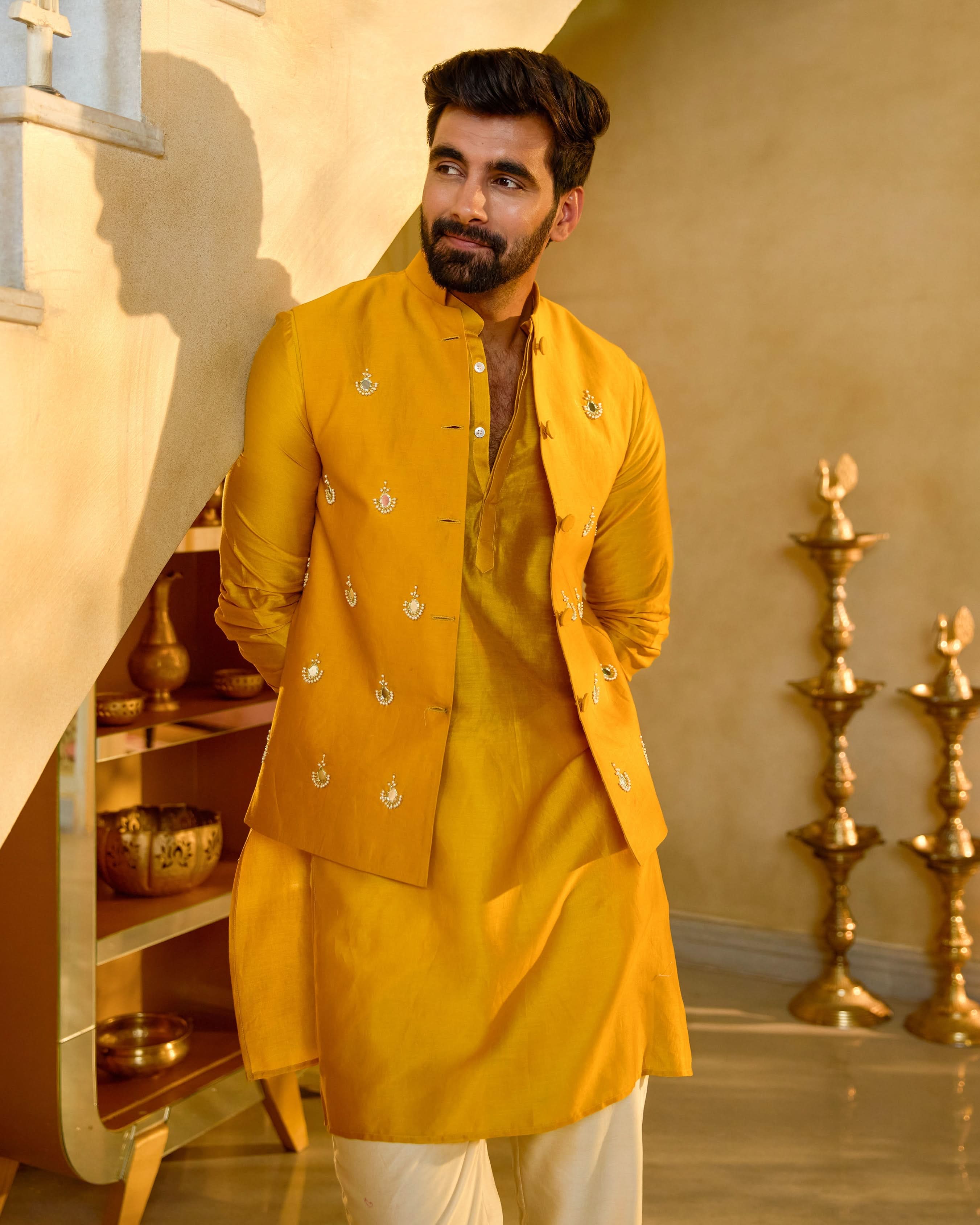 Balraj Yellow Embroidered Chanderi Jacket And Kurta Set - Image 4