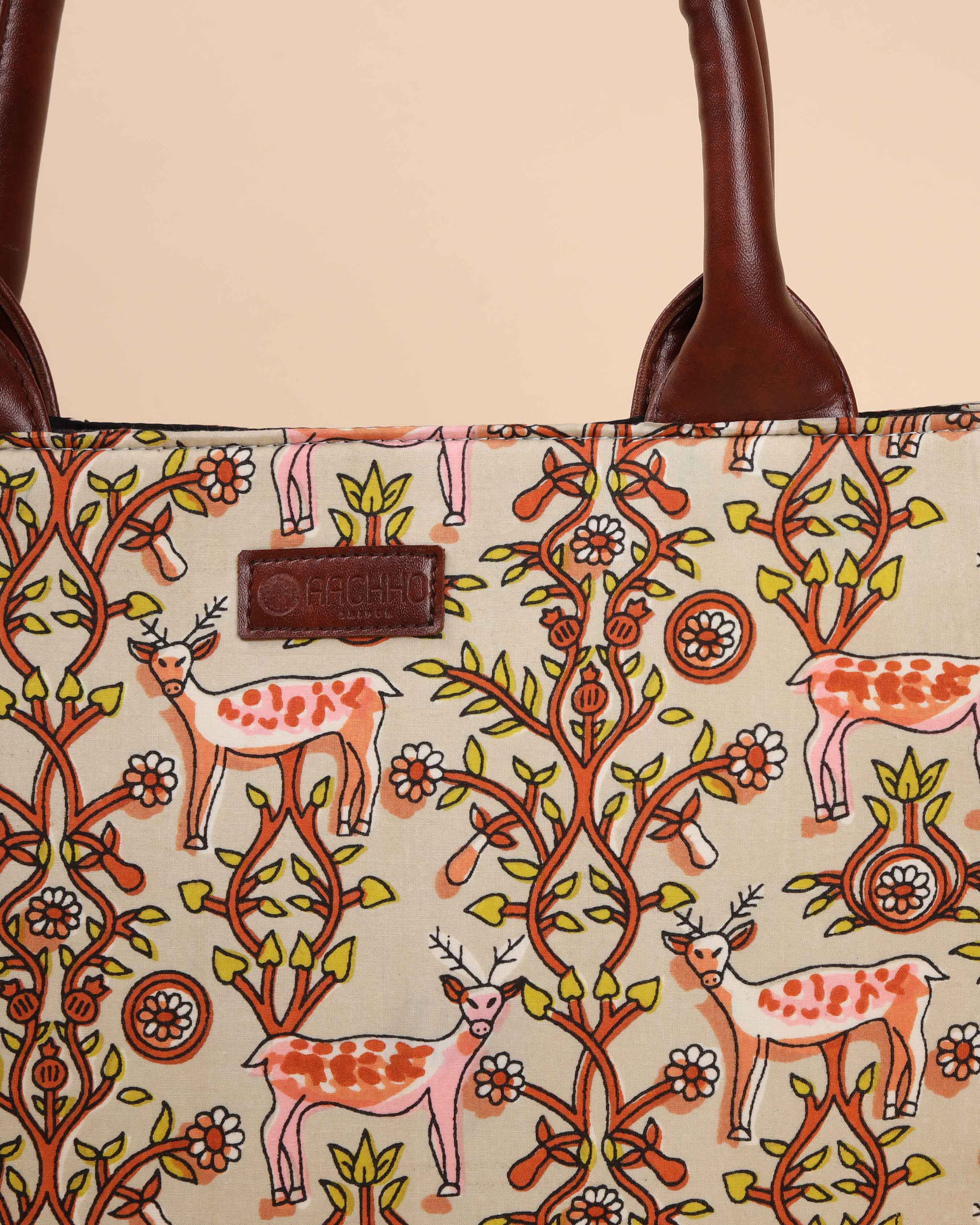 Beige Lemonade Handblock Square Tote Bag - Image 4