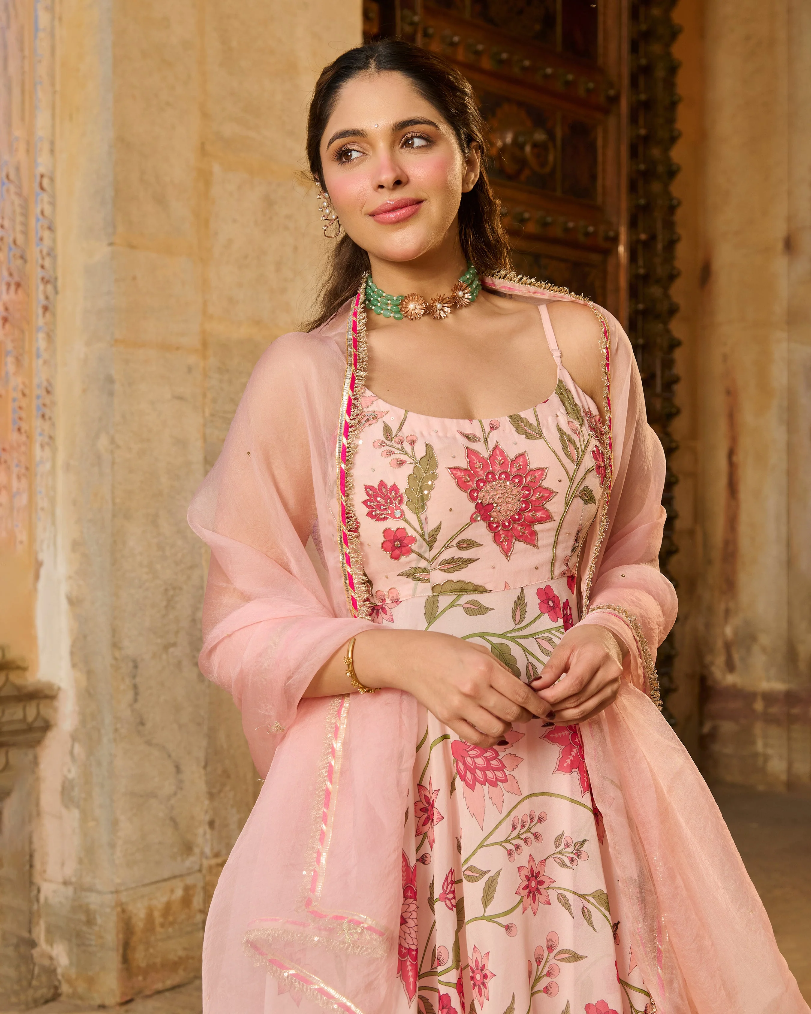 Belle Baby Pink Printed Viscose Organza Suit Set - Image 7