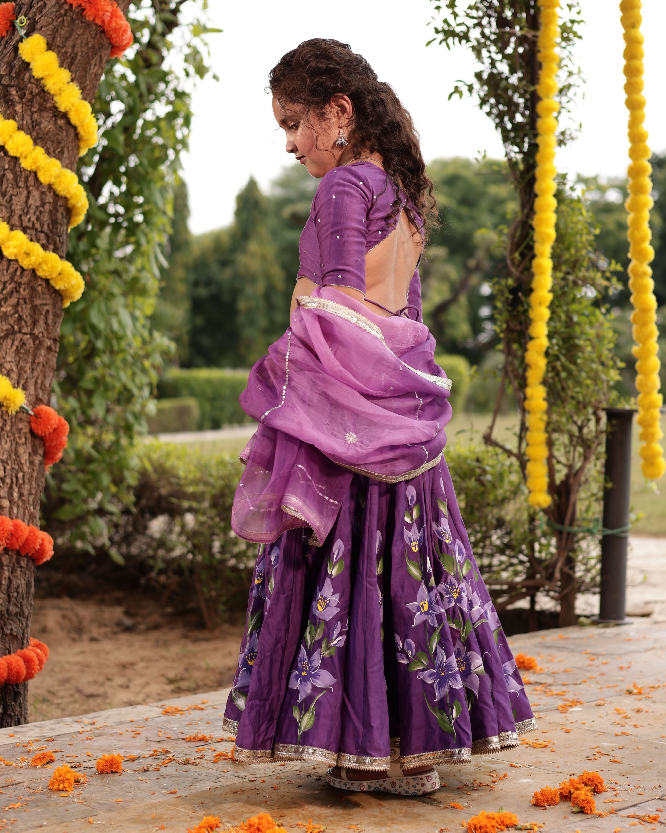 Berry Purple Handpainted Chanderi Lehenga Set - Image 5