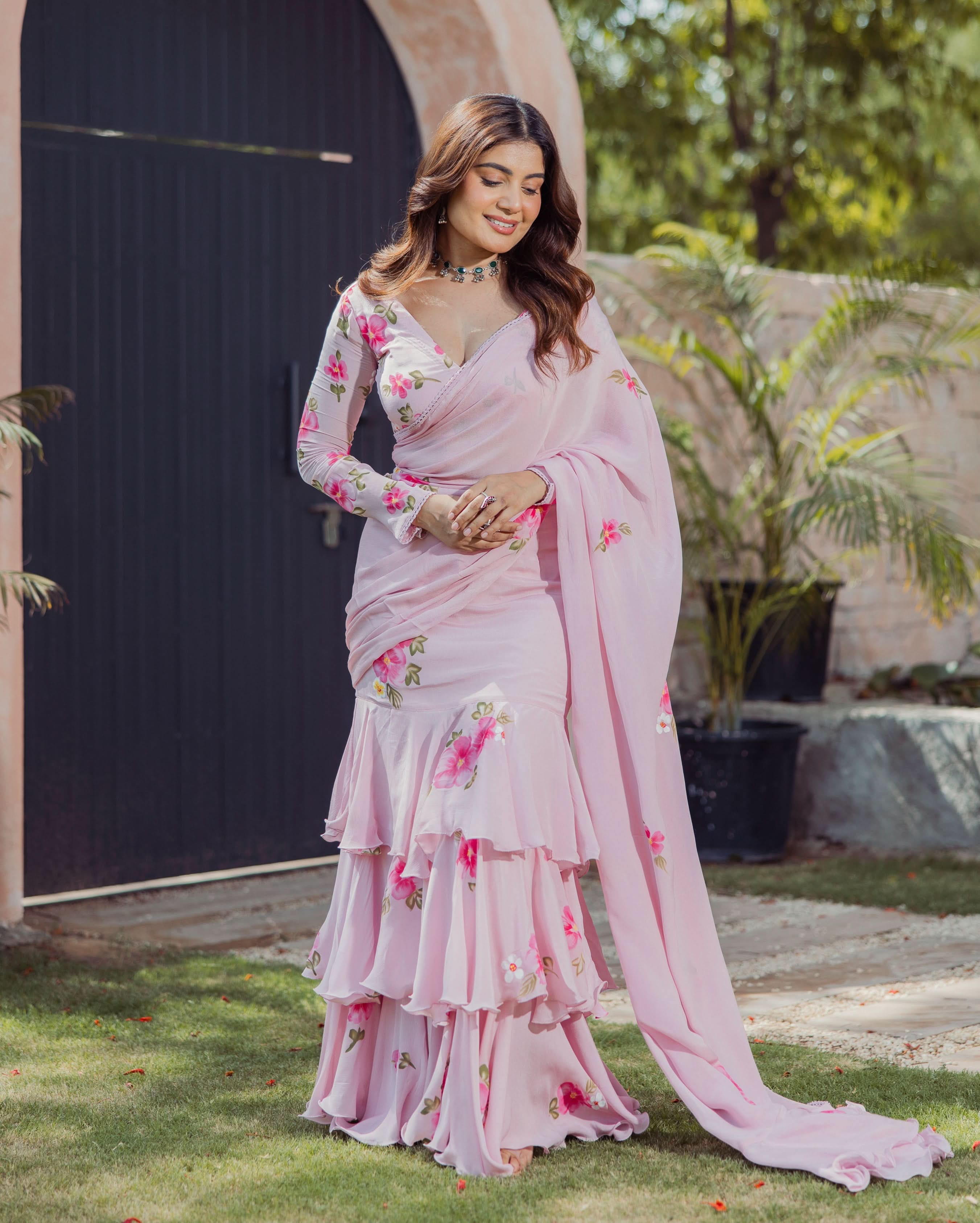 Bloom Pink Handpainted Chinon Pre draped Saree - Image 3