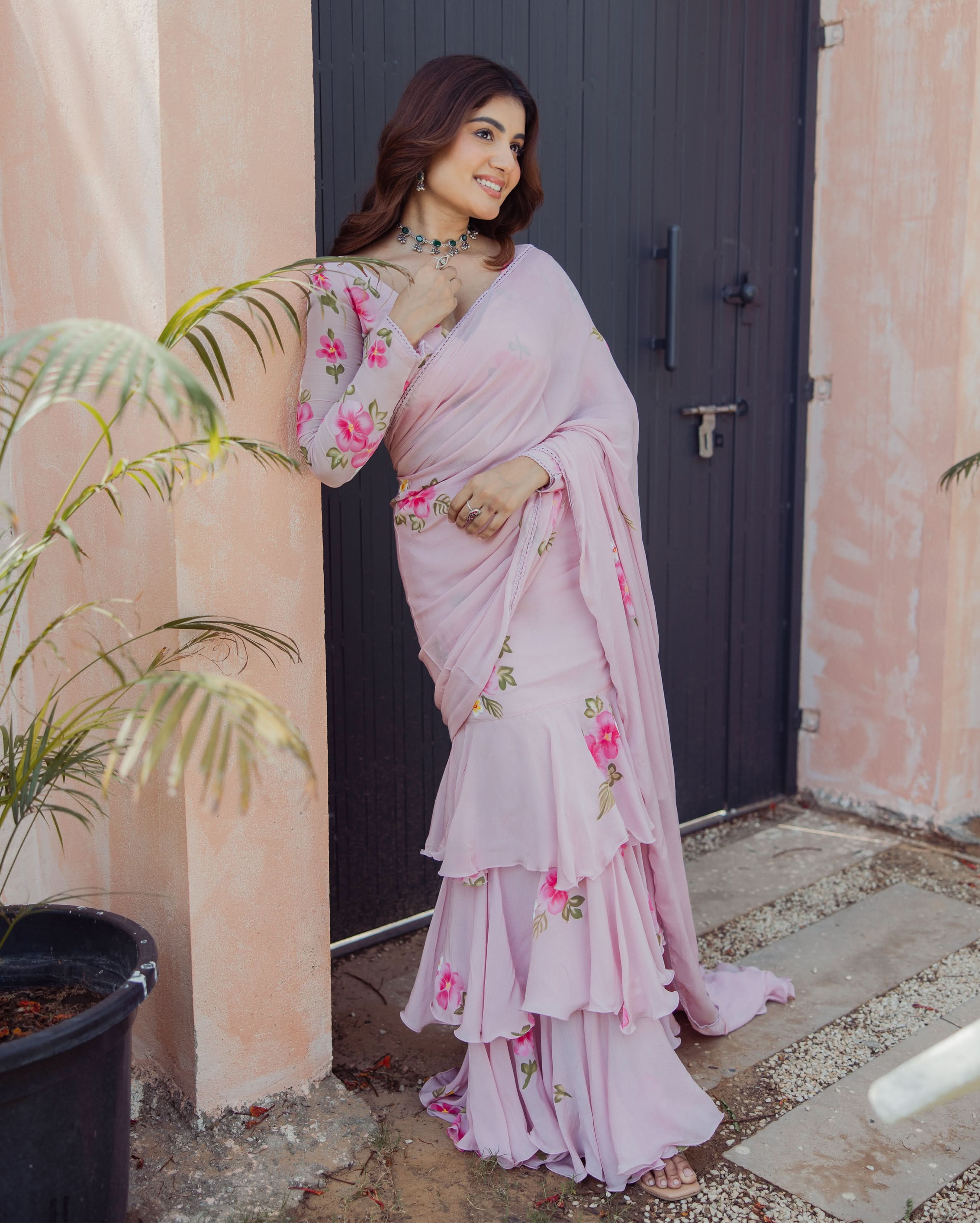 Bloom Pink Handpainted Chinon Pre draped Saree - Image 6
