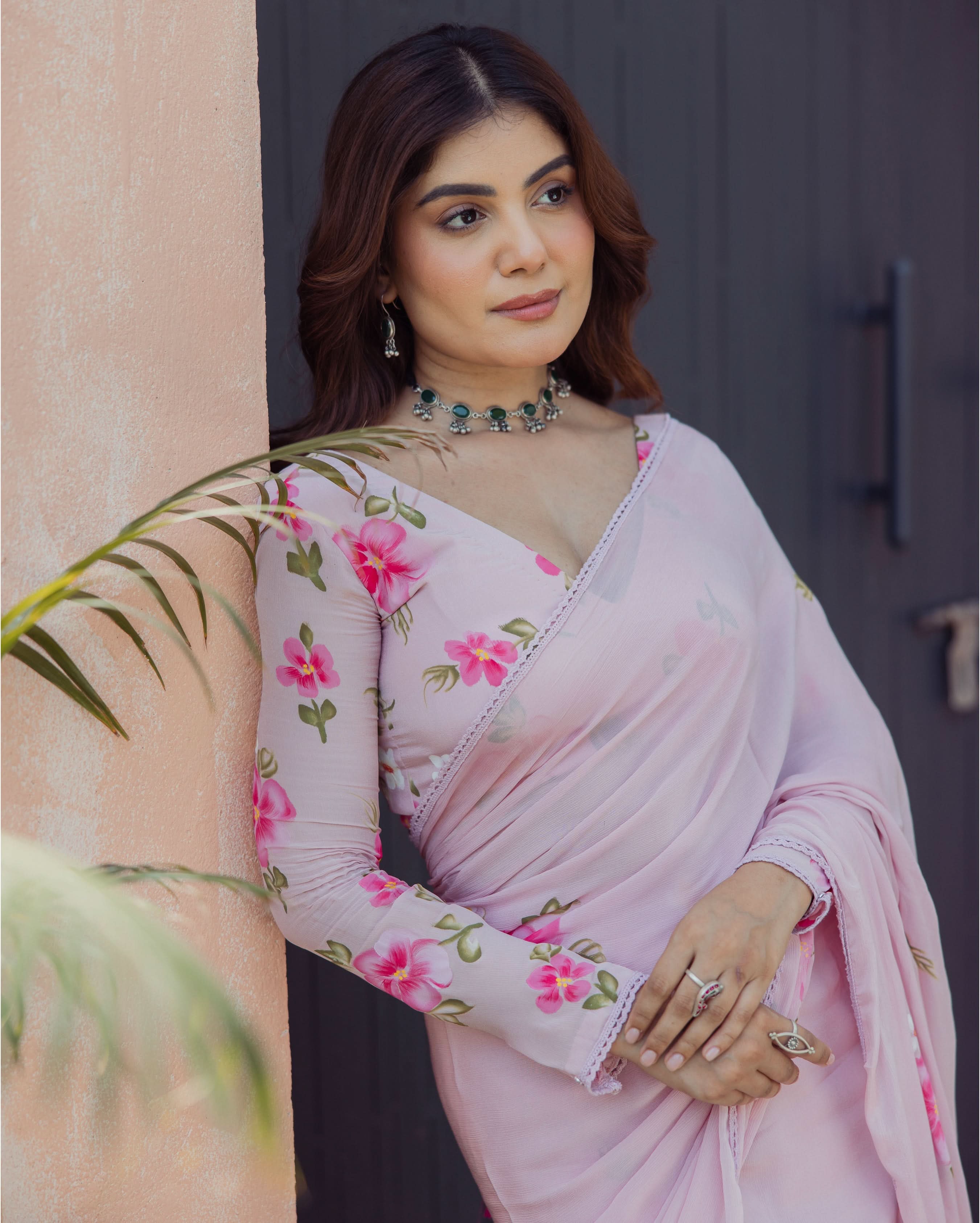 Bloom Pink Handpainted Chinon Pre draped Saree - Image 7