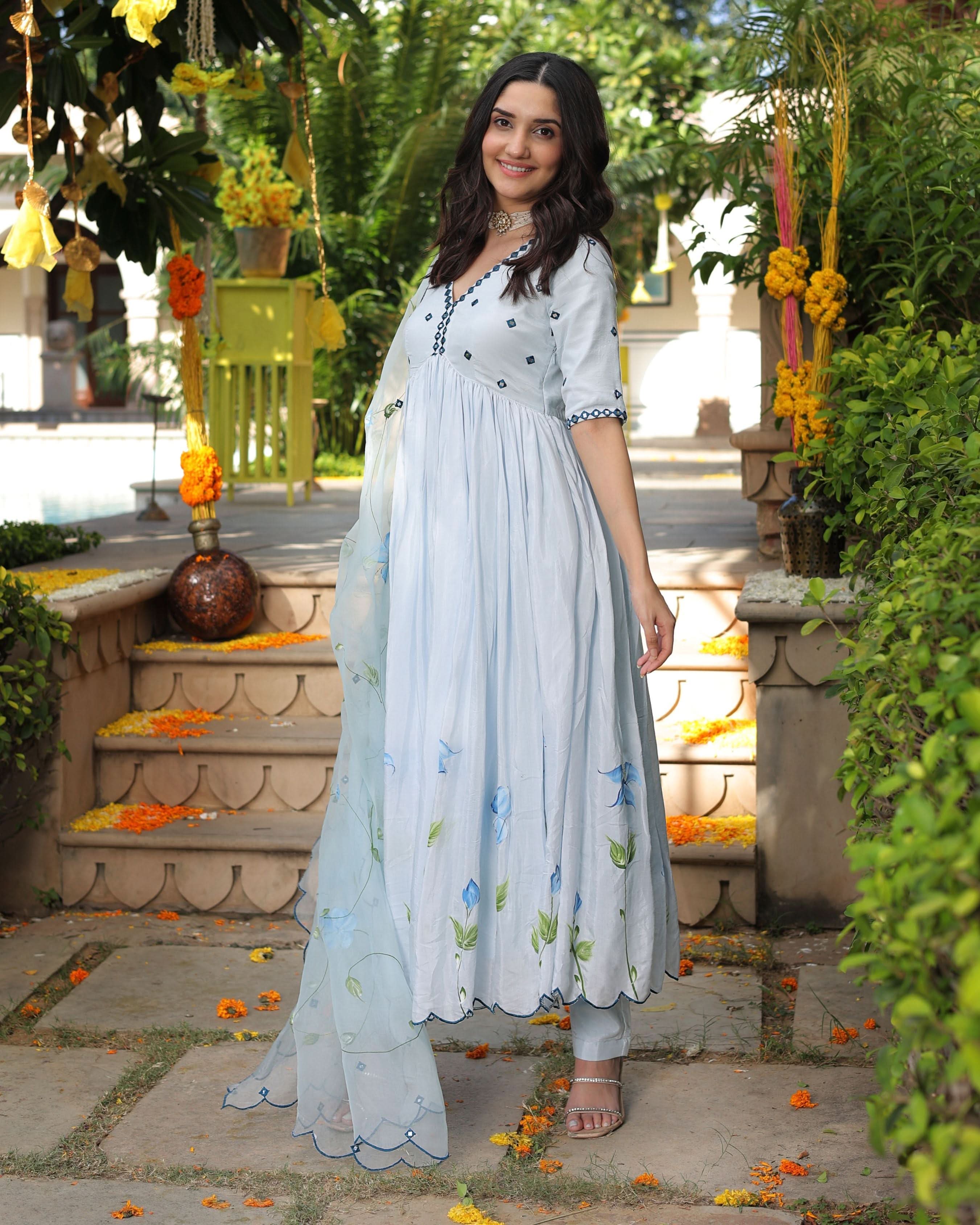 Blue Blossom Handpainted Cotton Silk Suit Set - Image 6