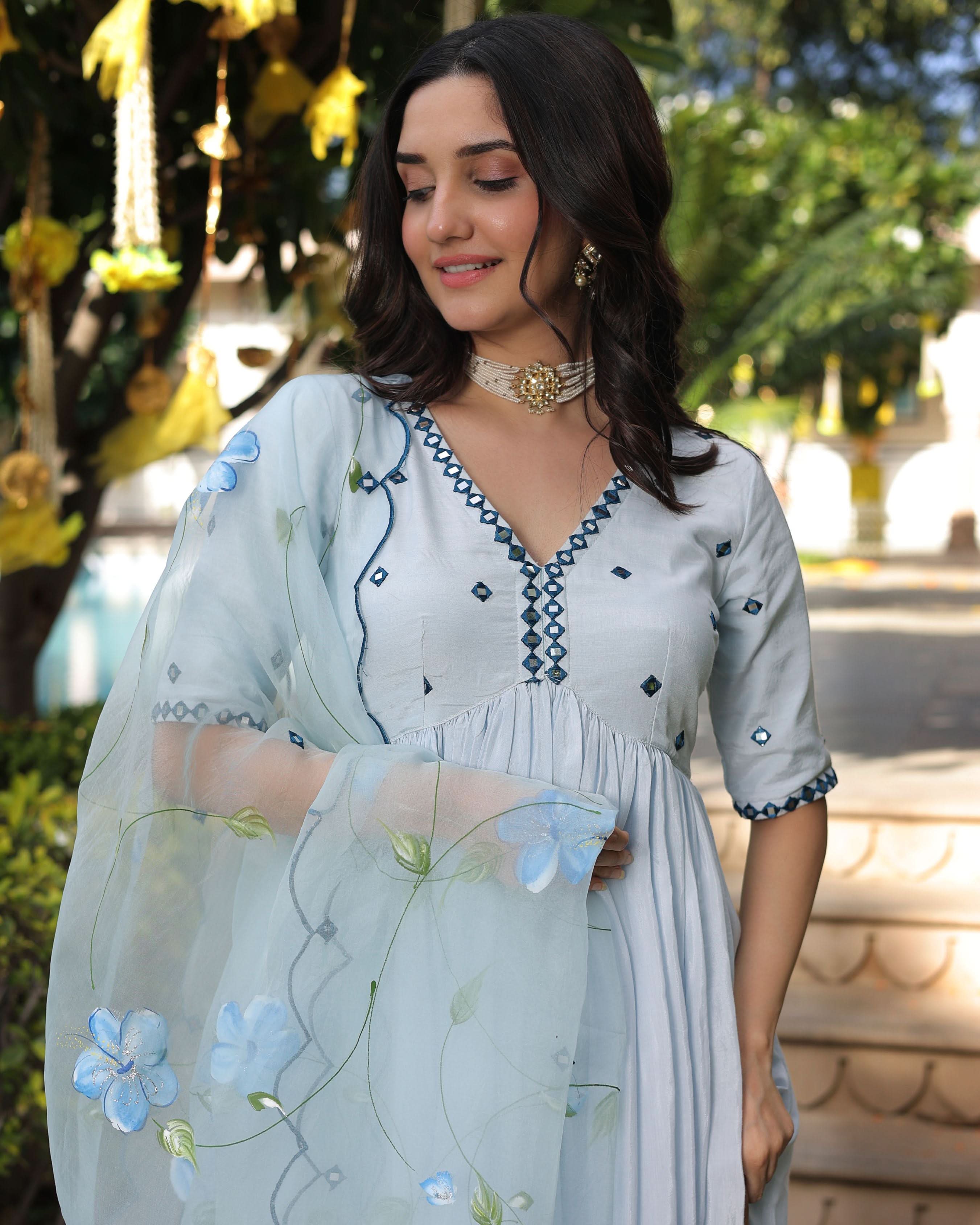 Blue Blossom Handpainted Cotton Silk Suit Set - Image 9