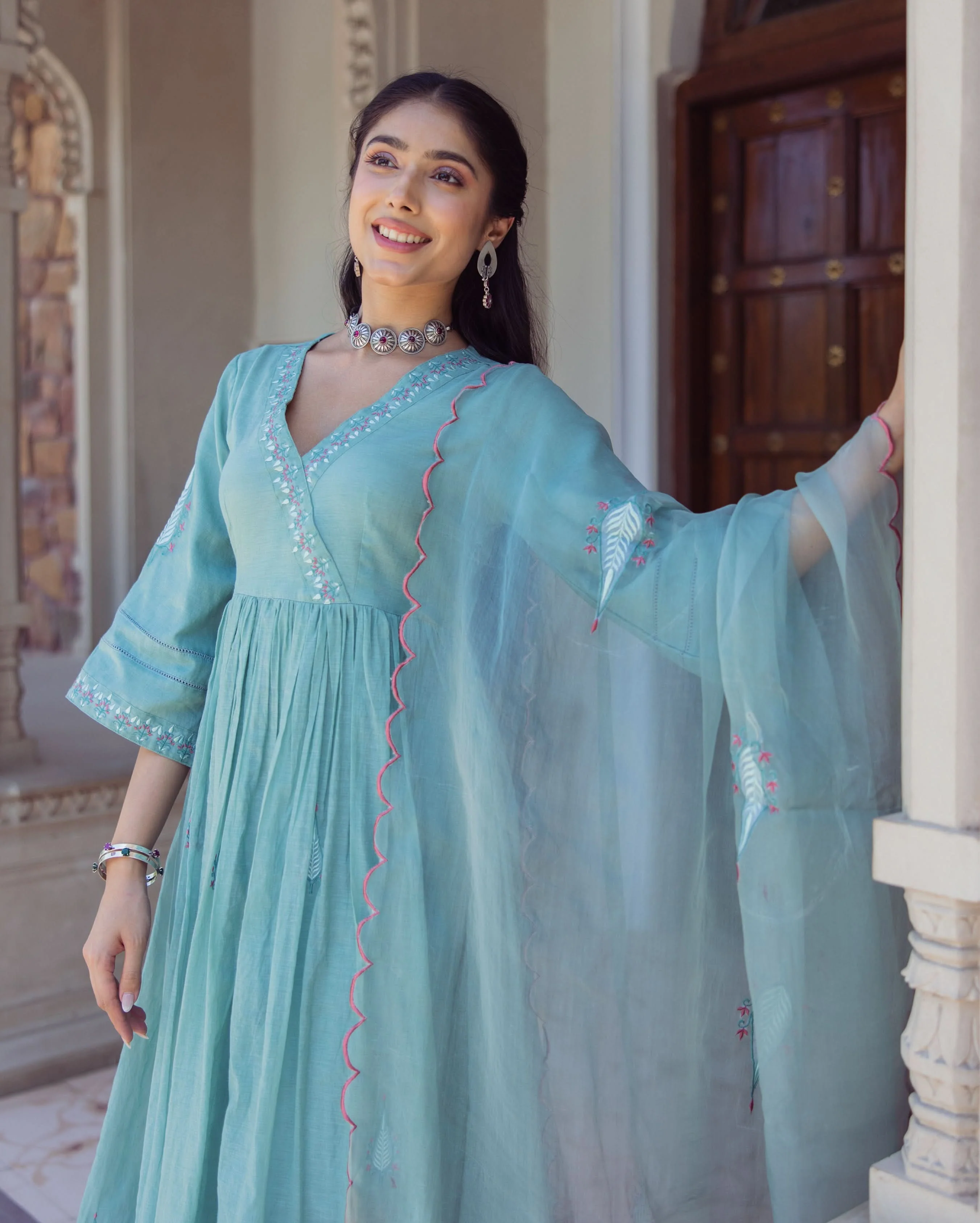 Blushing Green Embroidered Chanderi Suit Set - Image 4