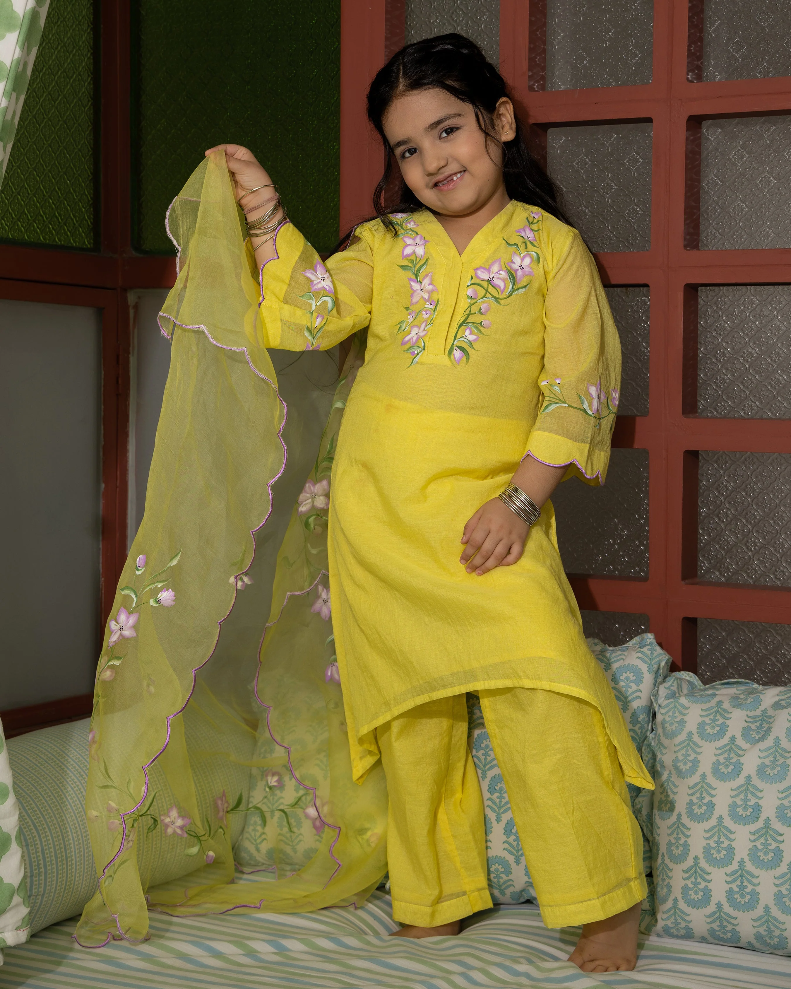 Calendula Yellow Handpainted Chanderi Suit Set - Image 3