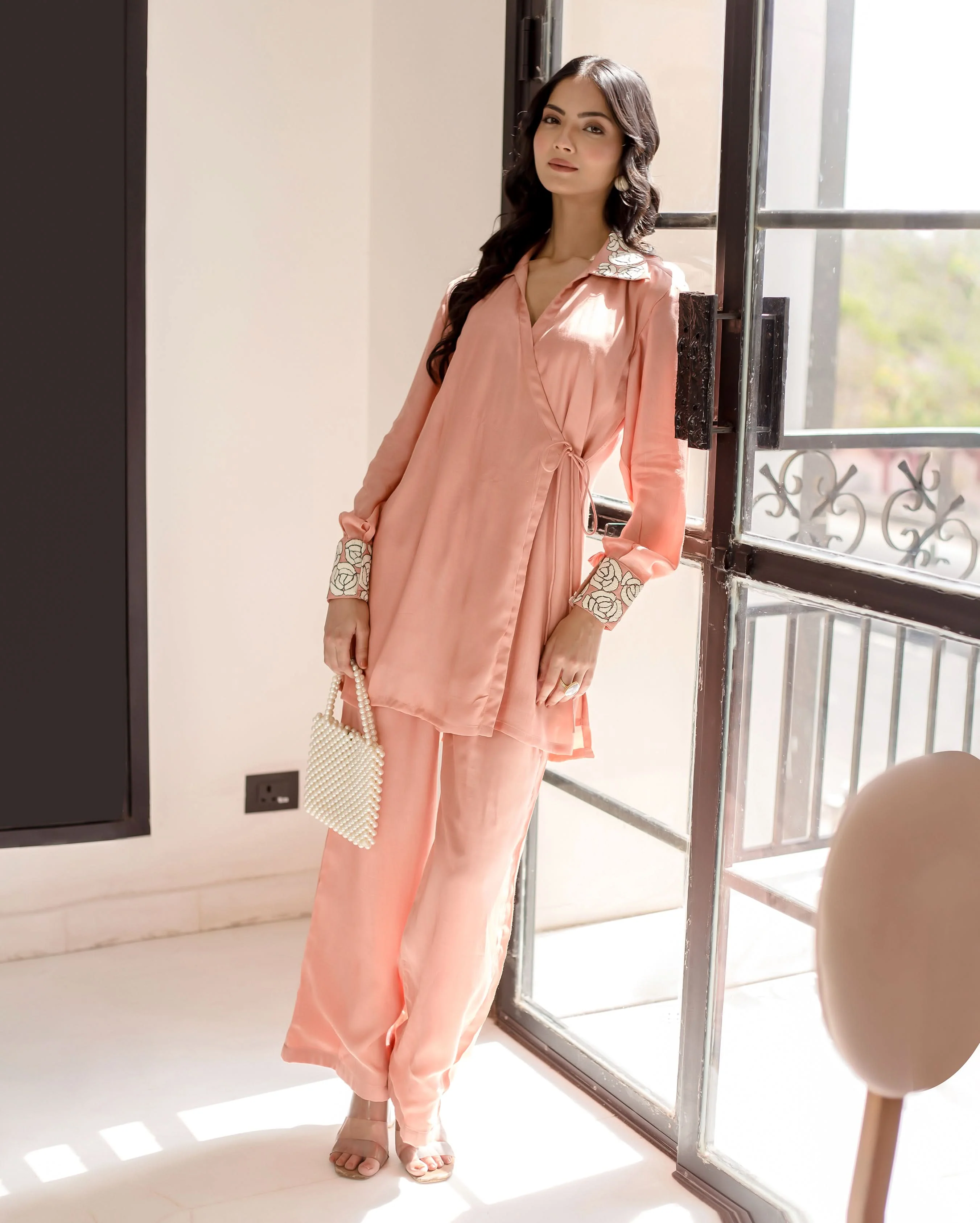 Cherry Blossom Peach Solid Muslin Silk Coord Set - Image 3