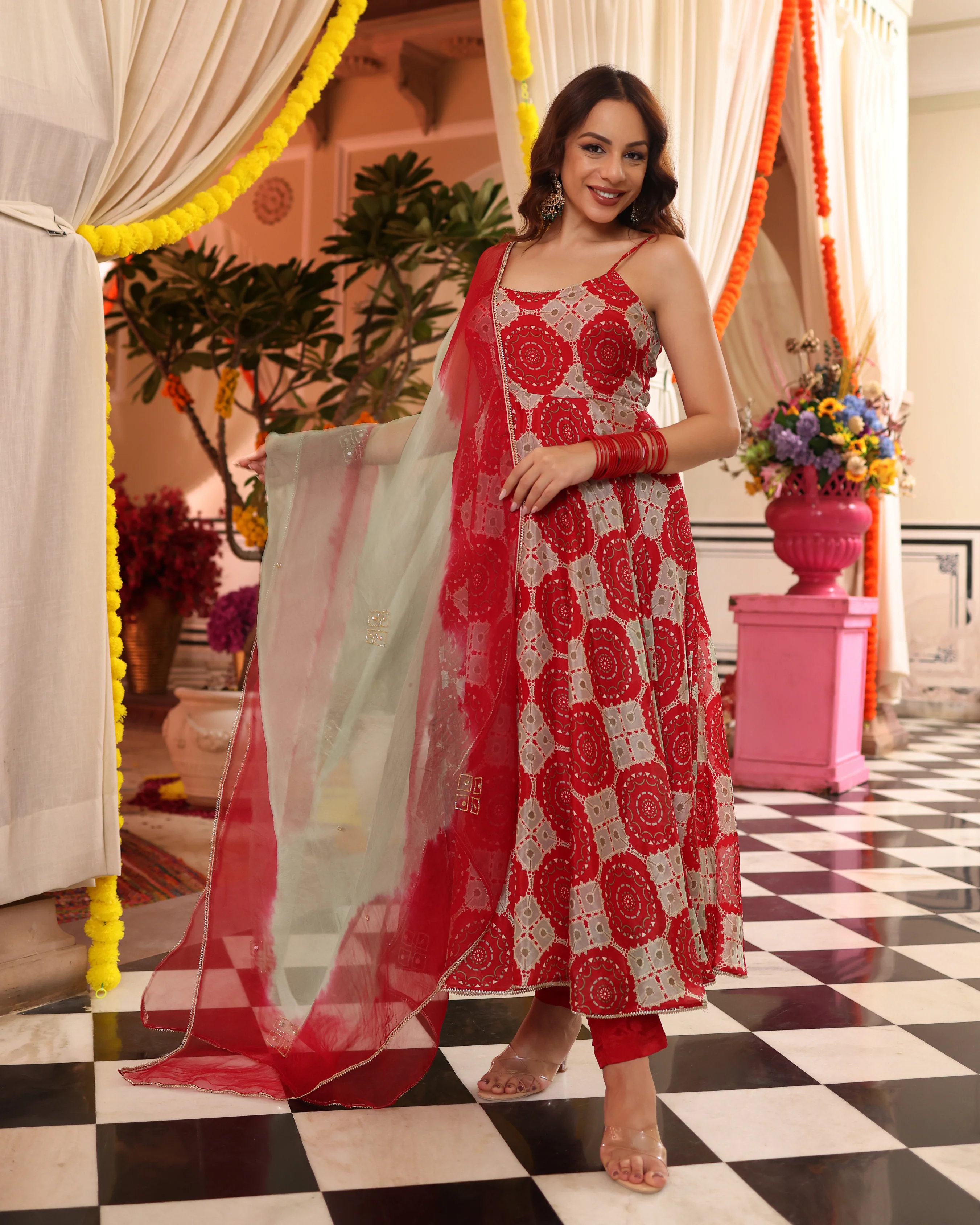 Cherry Red Delight Printed Silk Suit Set - Image 5