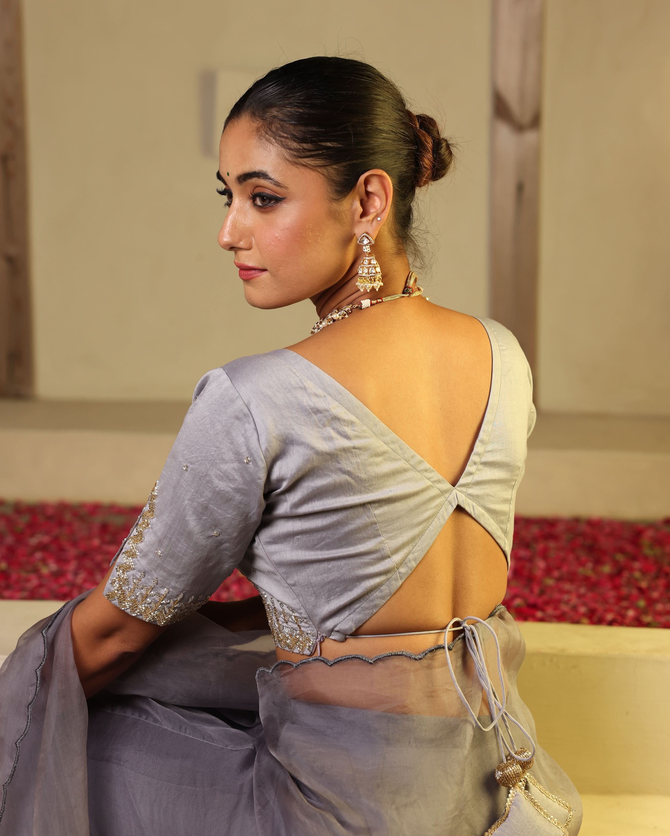 Chhavi Grey Chanderi Embroidered Blouse - Image 3