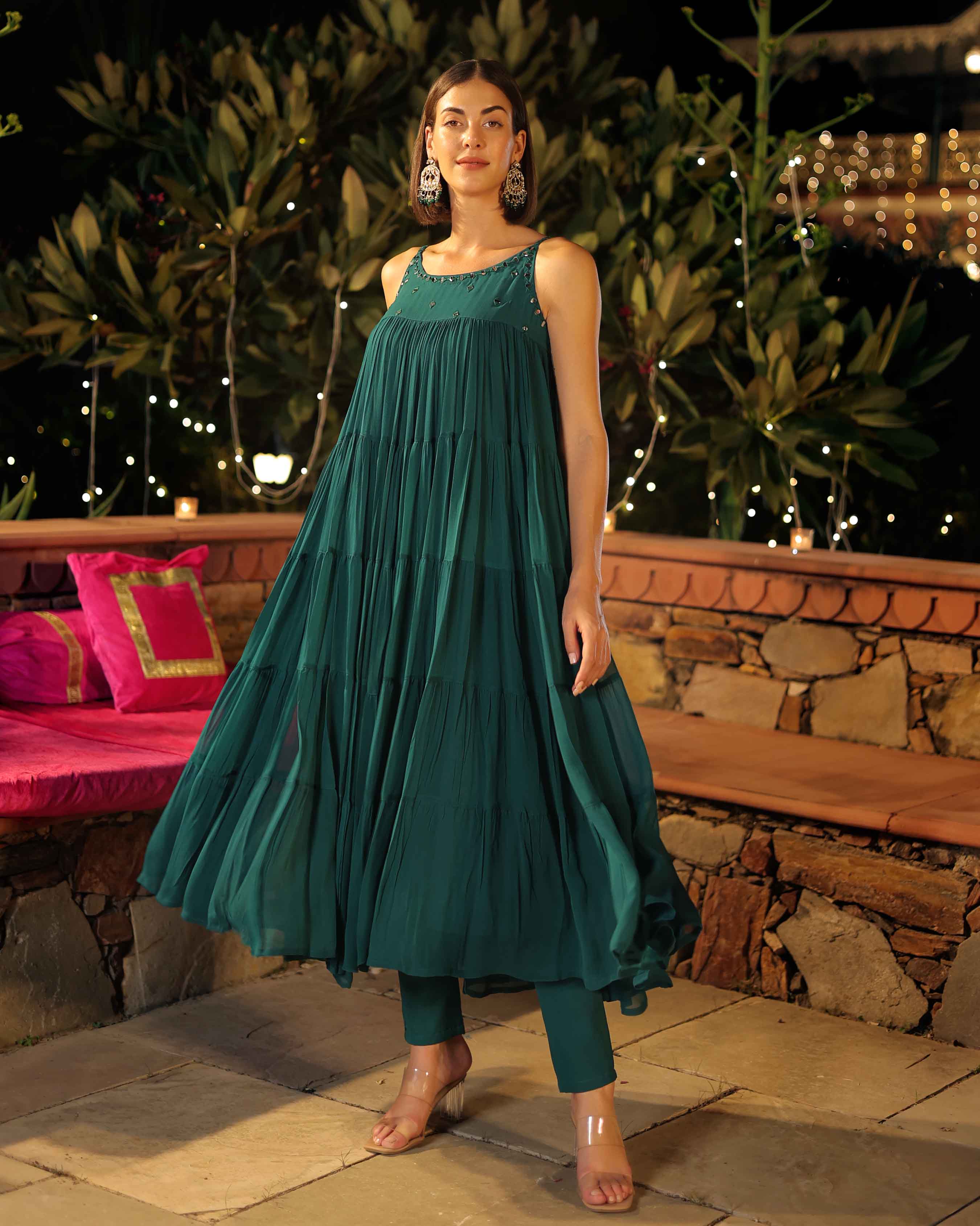 Citrine Green Mirror Work Georgette Kurta Set - Image 5