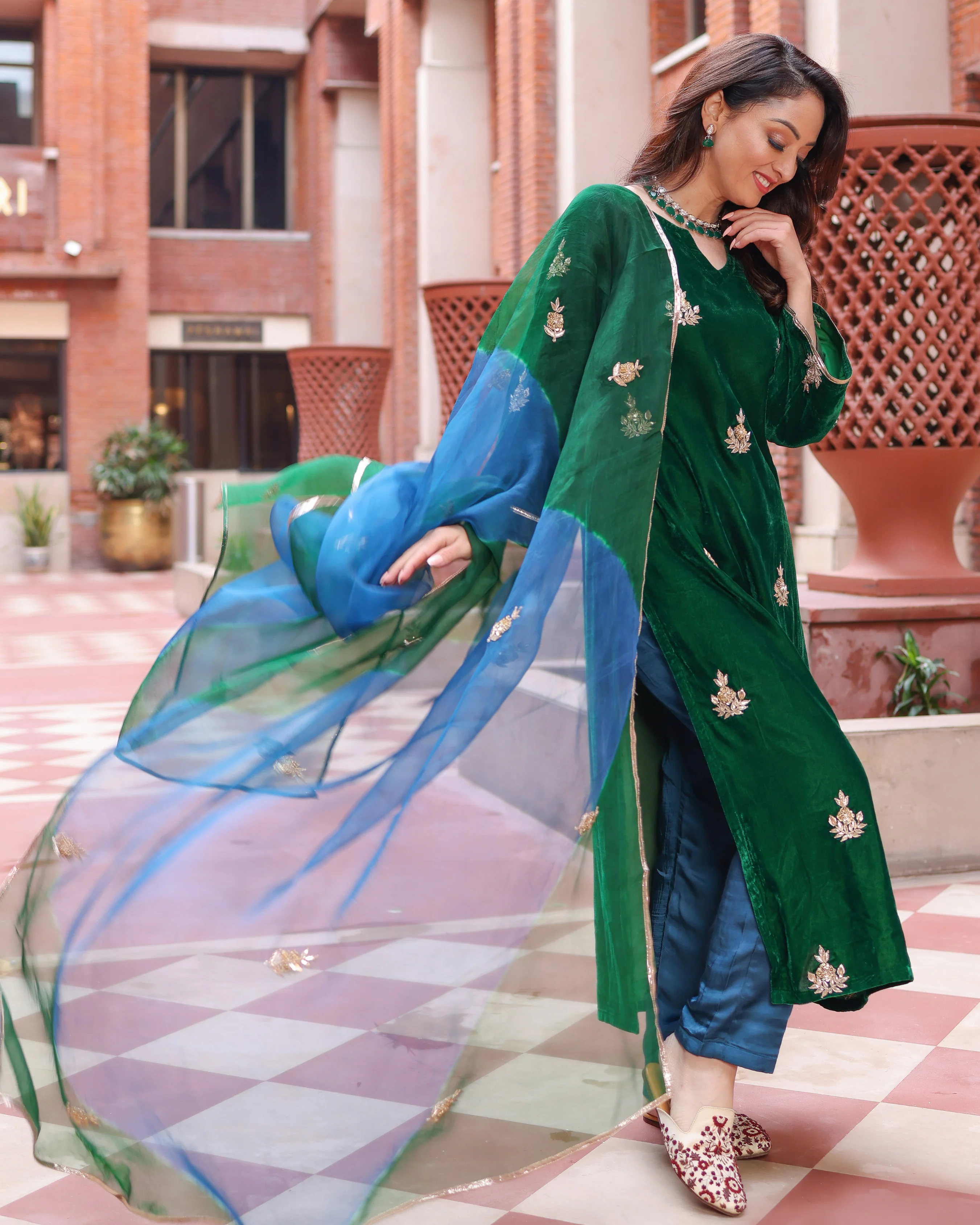 Classic Green Velvet Handcrafted Suit Set - Image 5