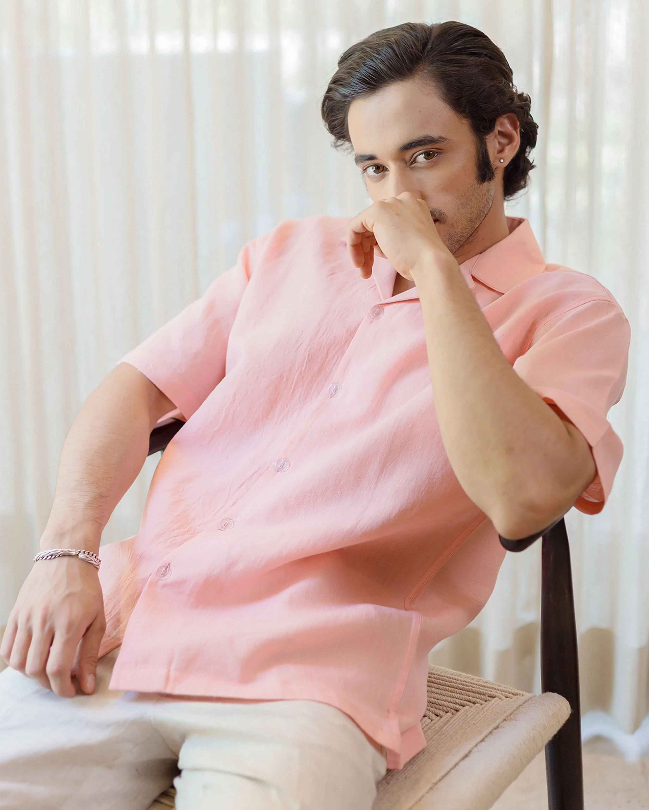 Coral Almond Peach Linen Solid Shirt - Image 3