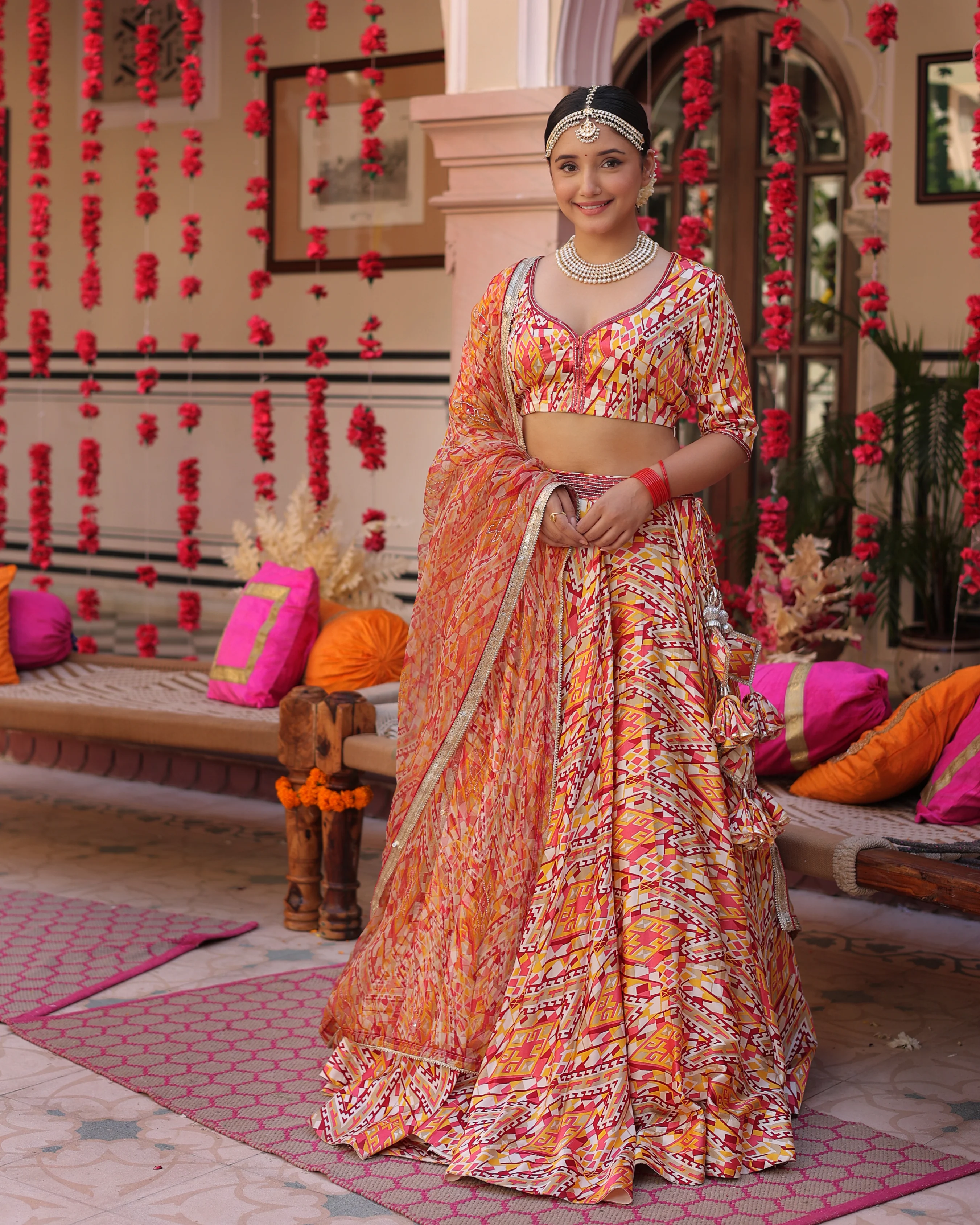 Creamy Crimson Blaze Printed Satin Lehenga Set - Image 3