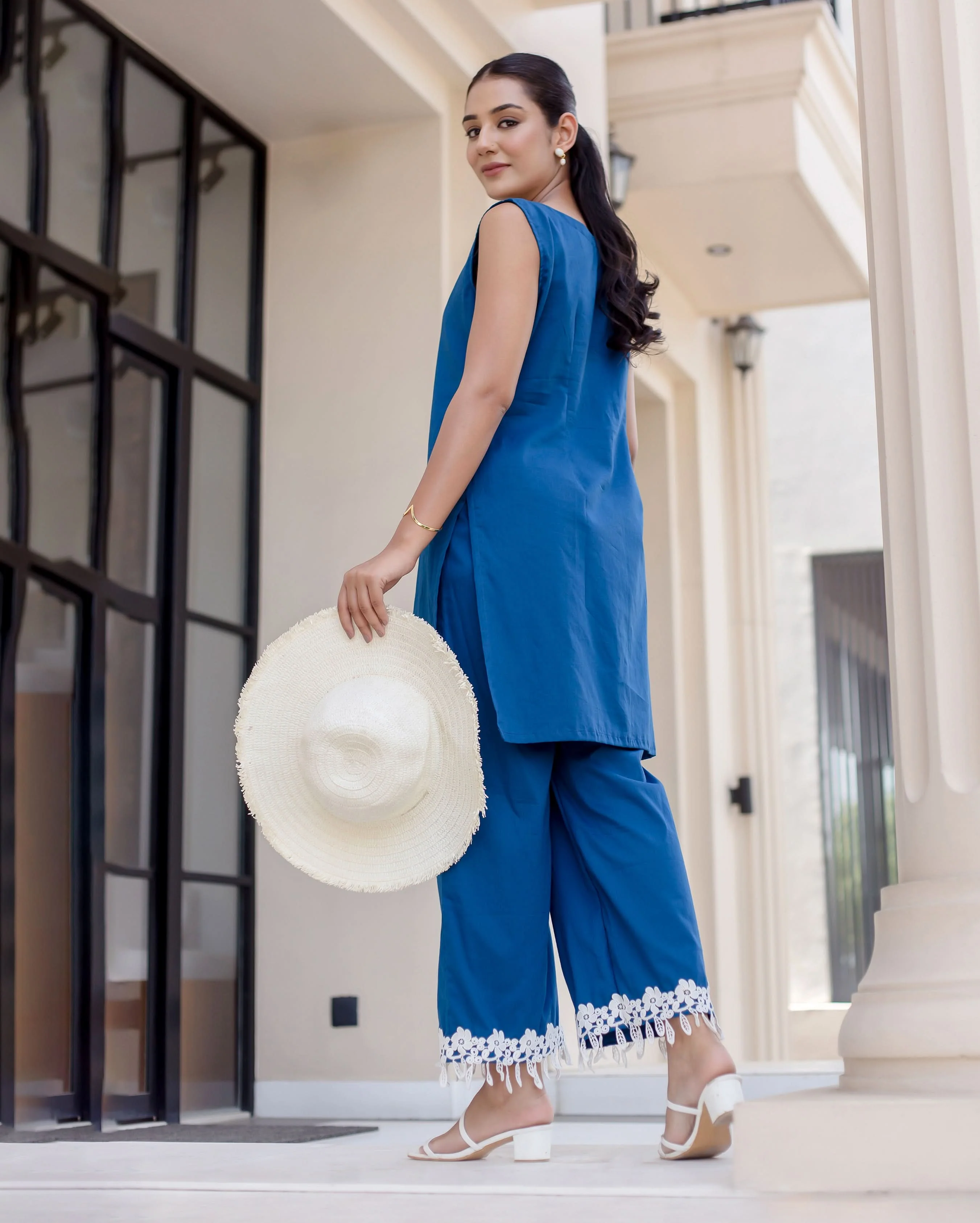 Cyan Blue Solid Cotton Coord Set - Image 5