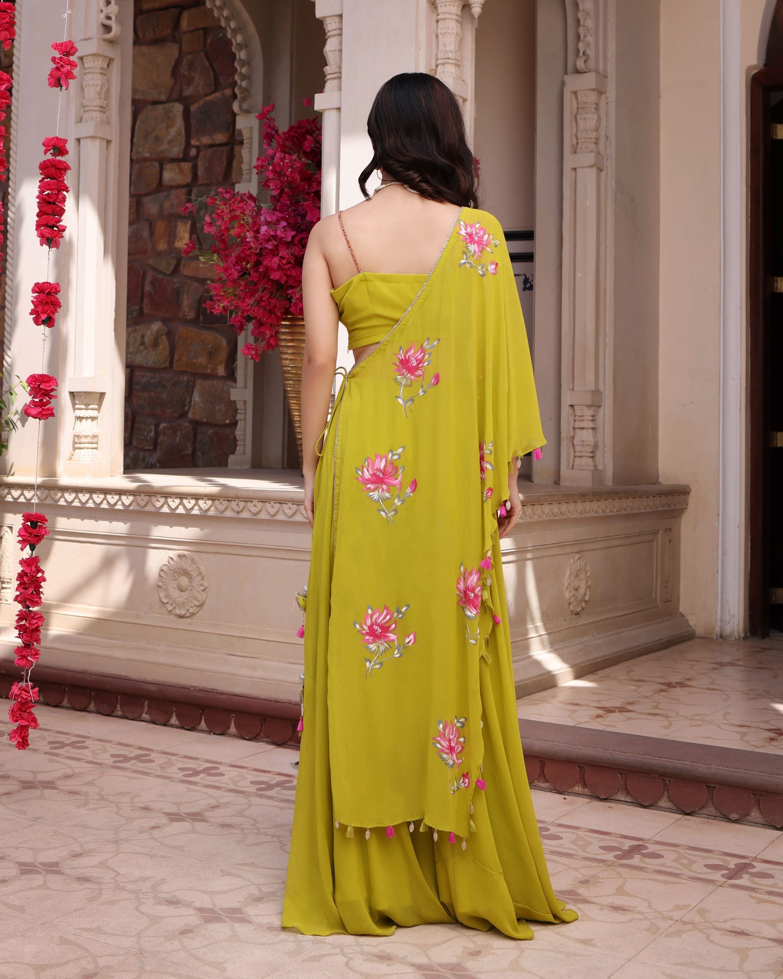 Cyber Lime Floral Handpainted Georgette Fusion Wear - Image 4