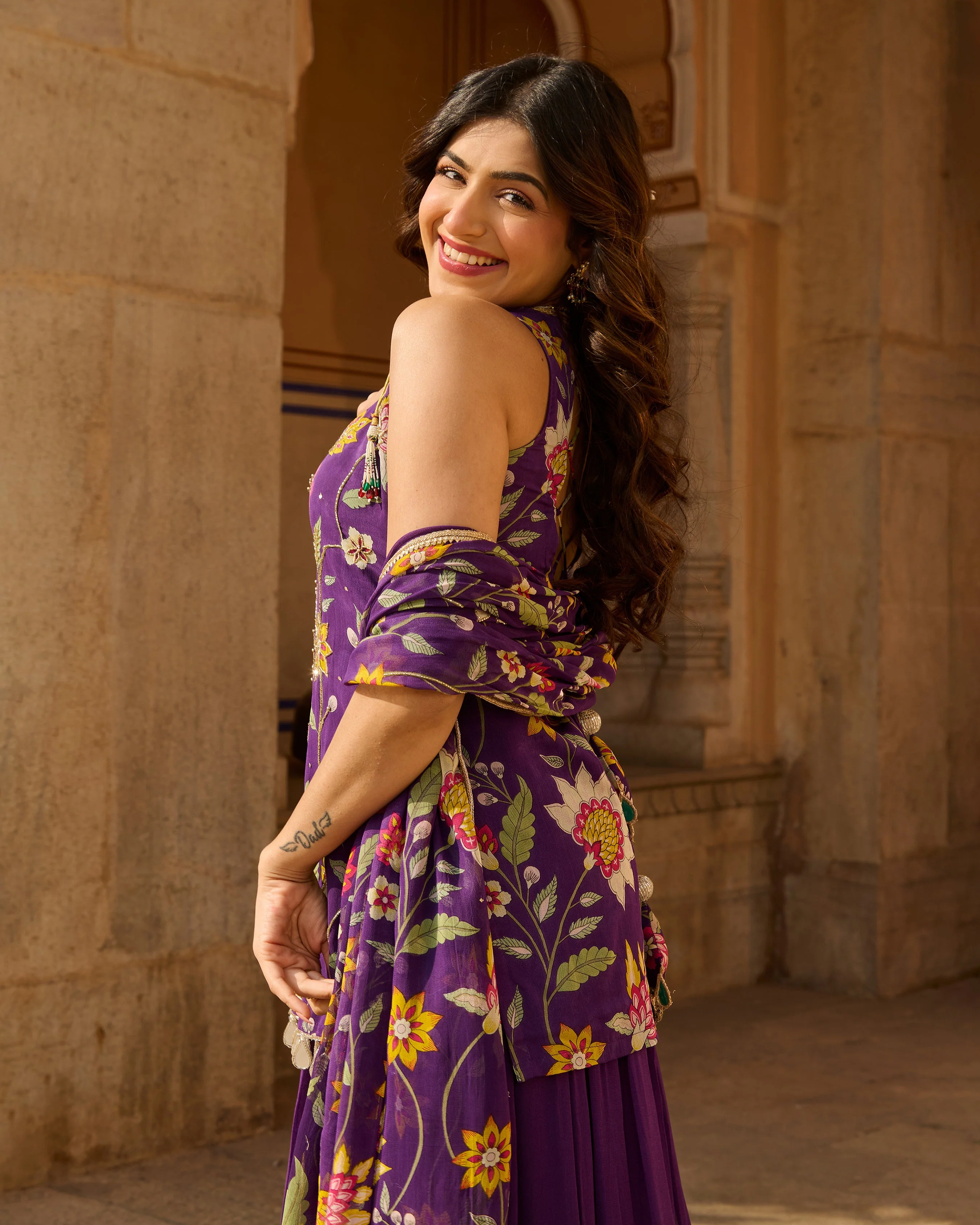 Deewan Purple Printed Georgette Suit Set - Image 7