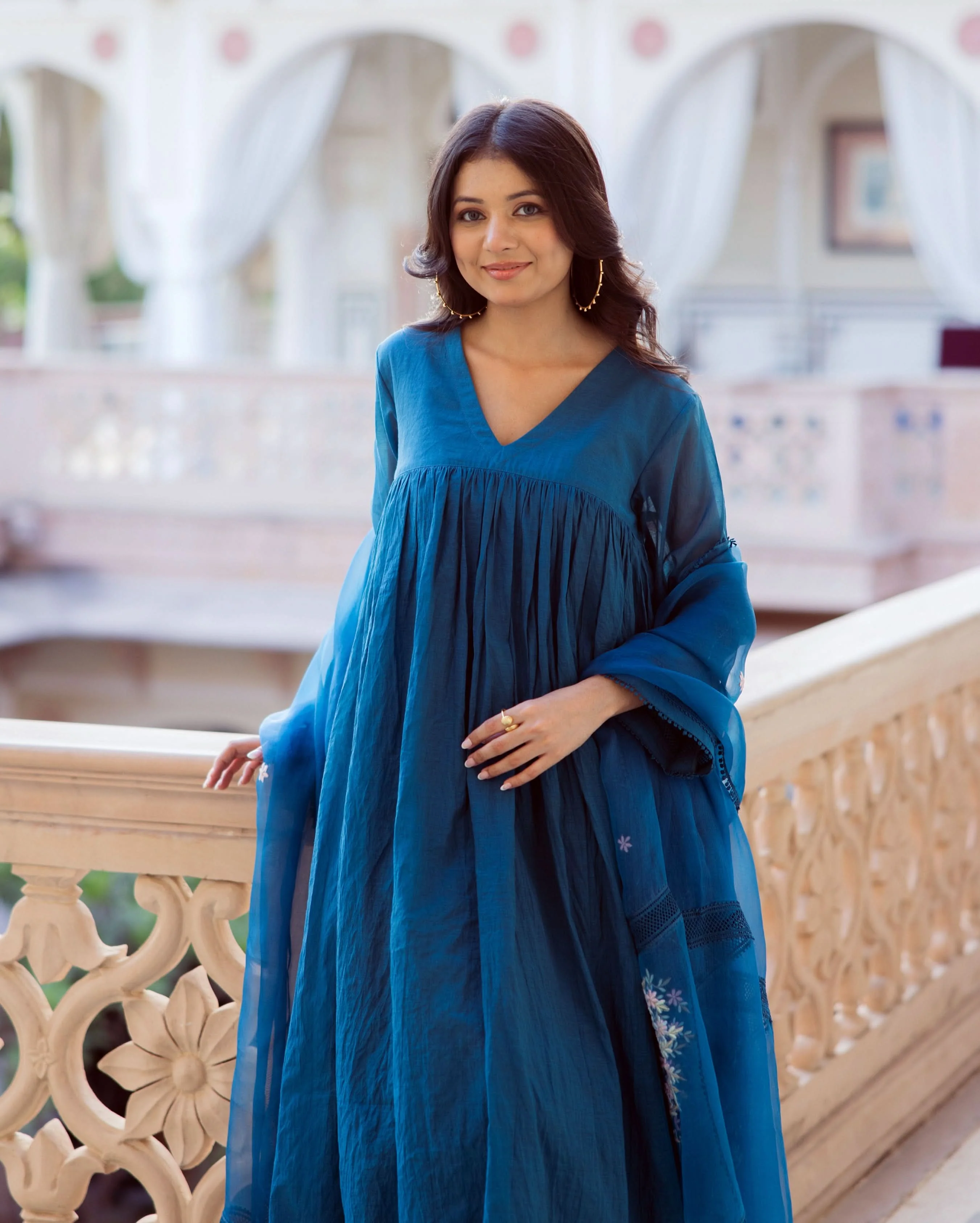 Desi Blue Embroidered Chanderi Suit Set - Image 4