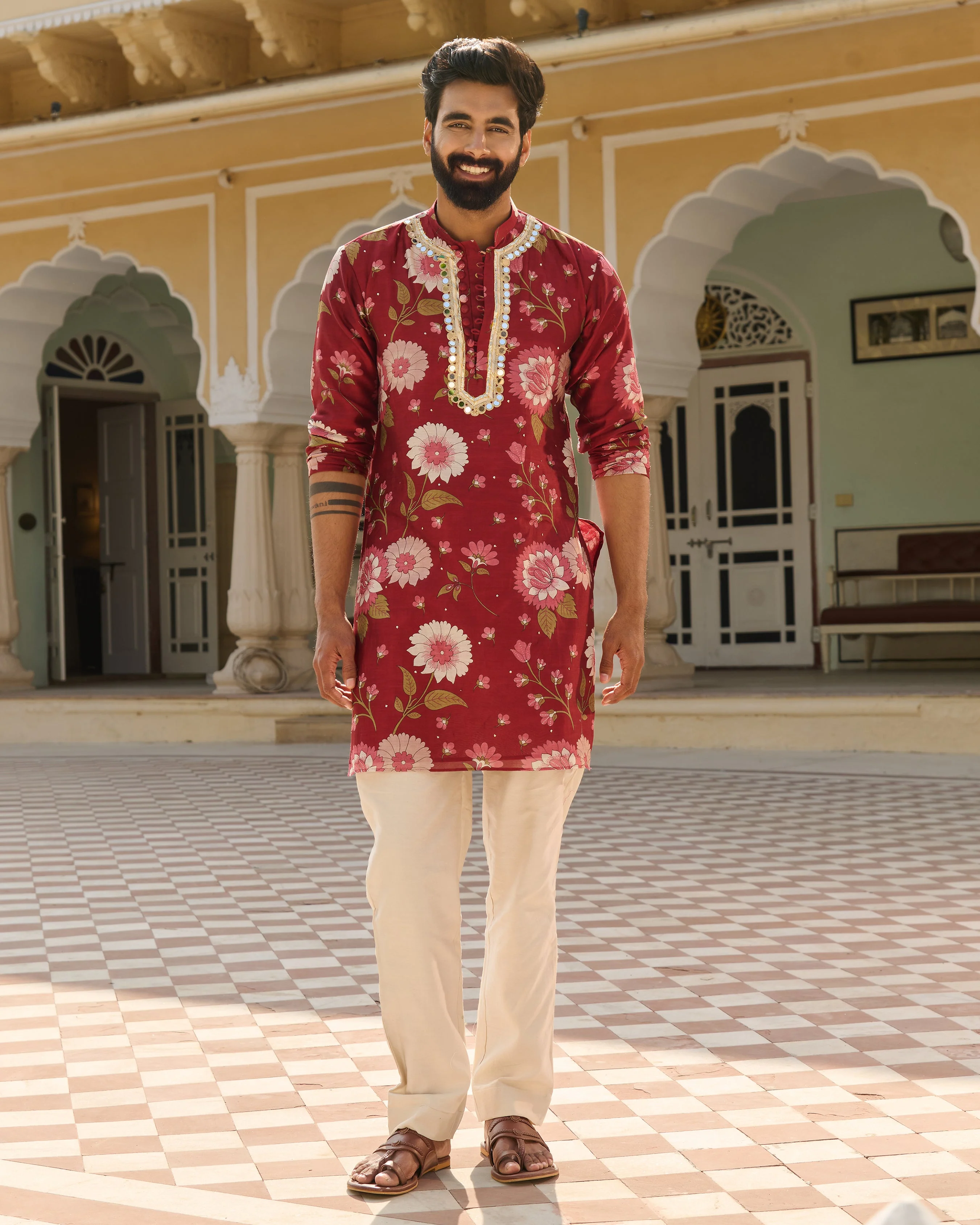 Dev Maroon Printed Chanderi Kurta - Image 2