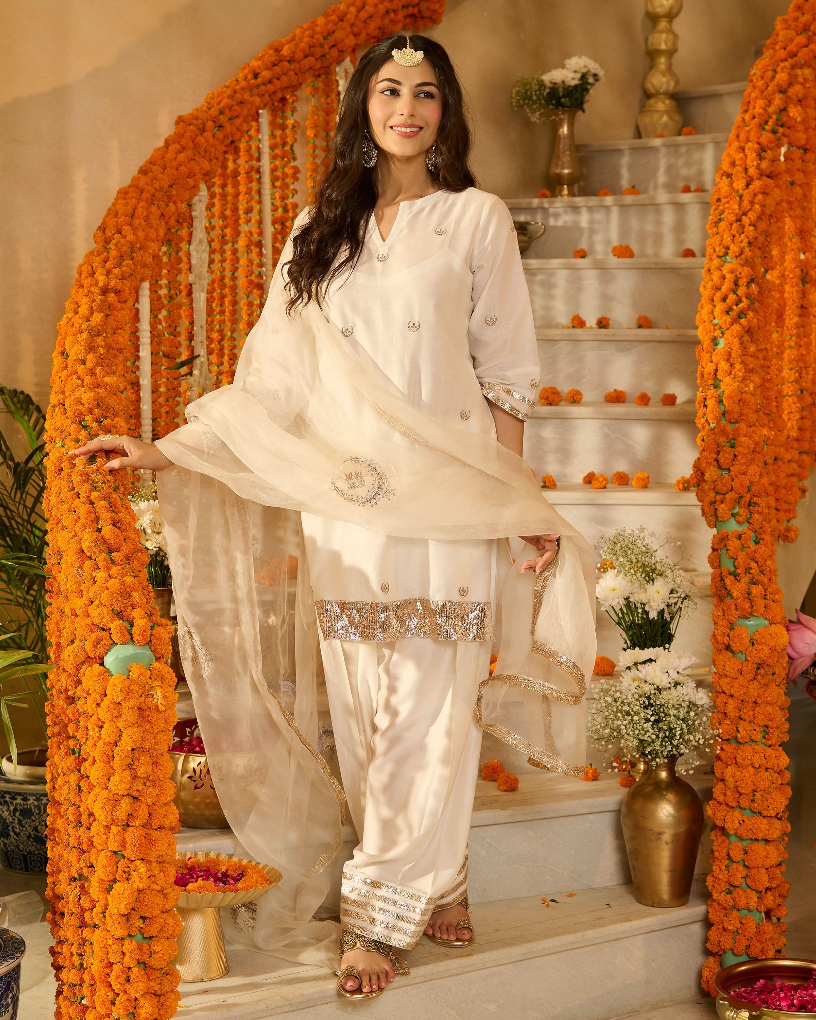 Devi Off White Solid Chanderi Farsi Salwar Set - Image 2