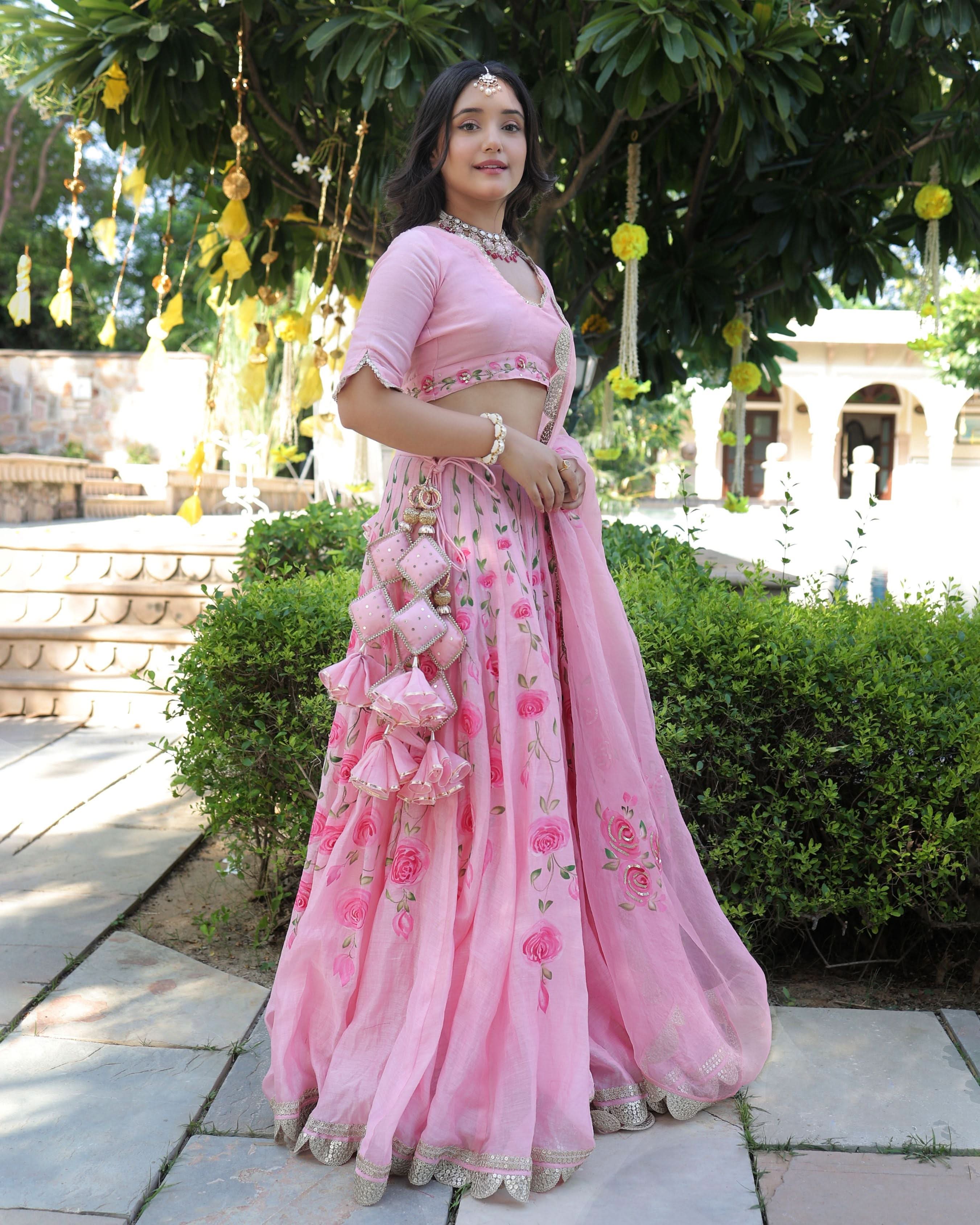 Dewberry Pink Handpainted Chanderi Lehenga Set - Image 2