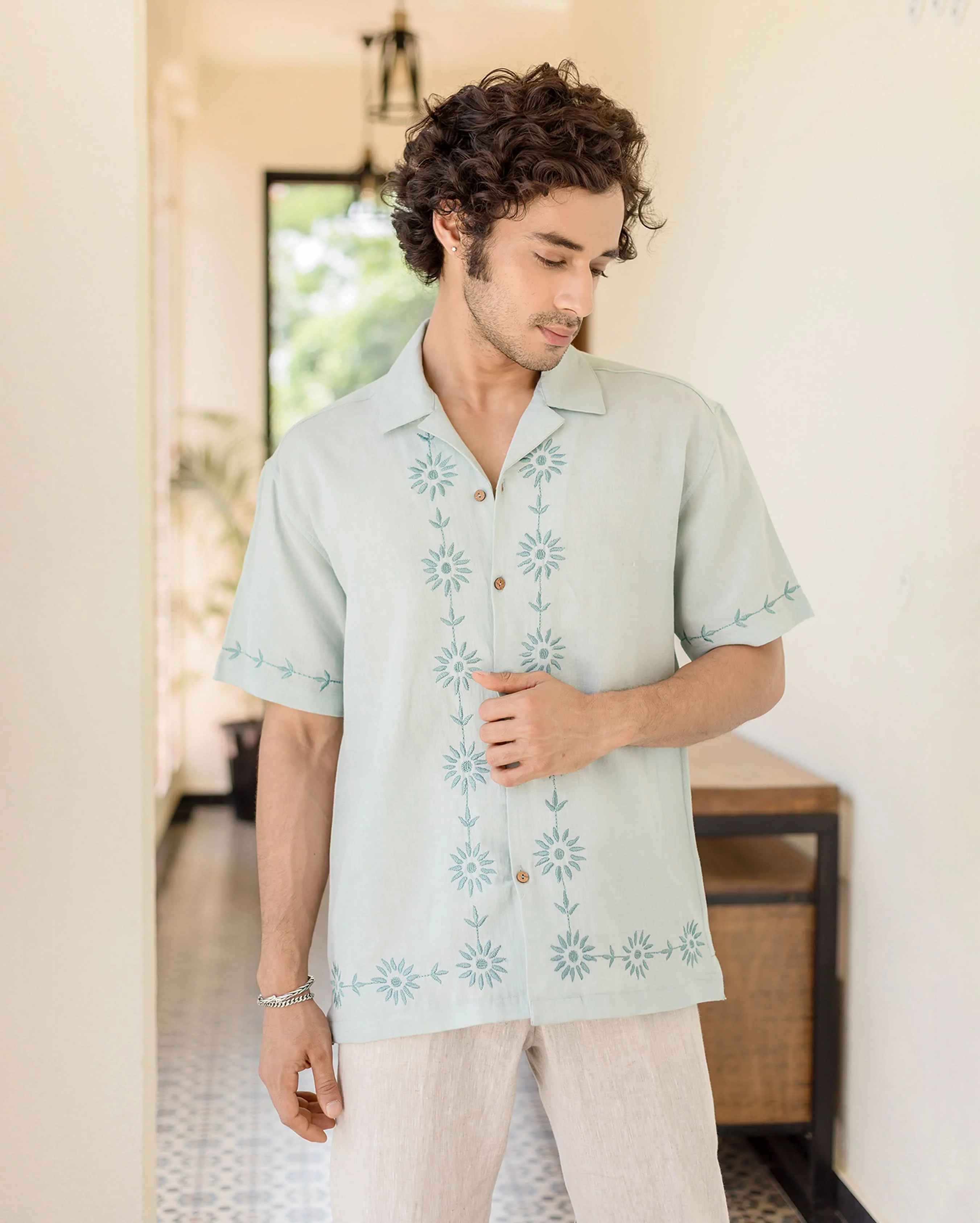 Drip Pastel Blue Embroidered Linen Shirt - Image 6