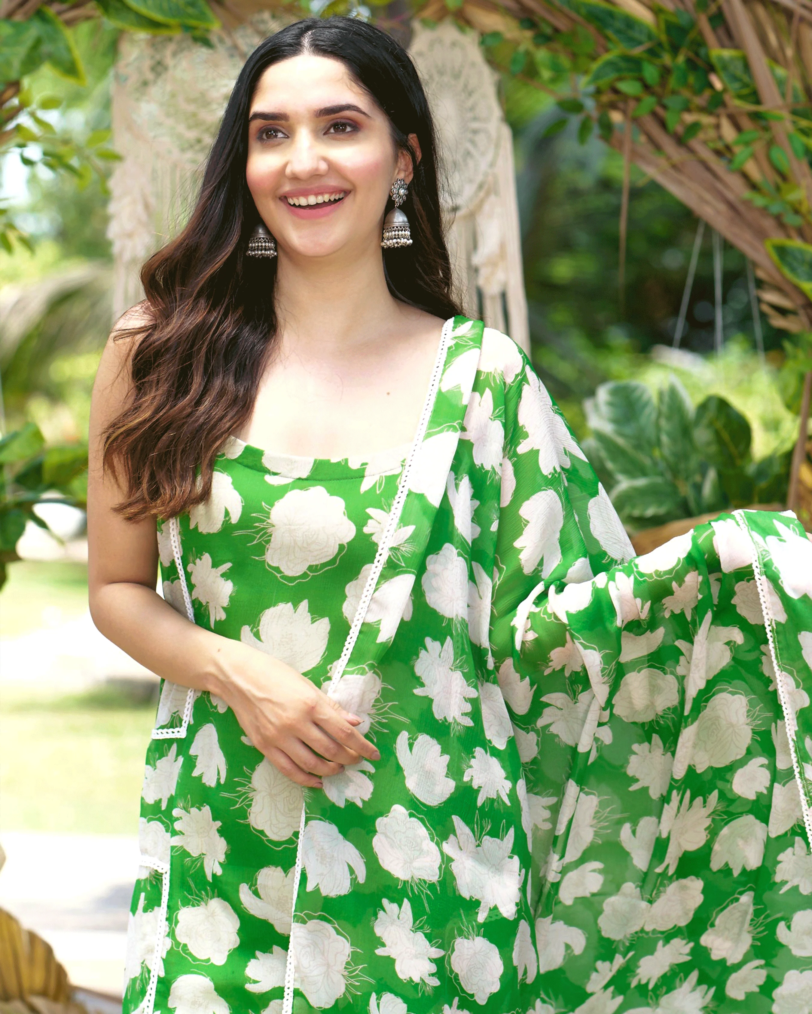 Drisana Green Printed Chiffon Suit Set - Image 3