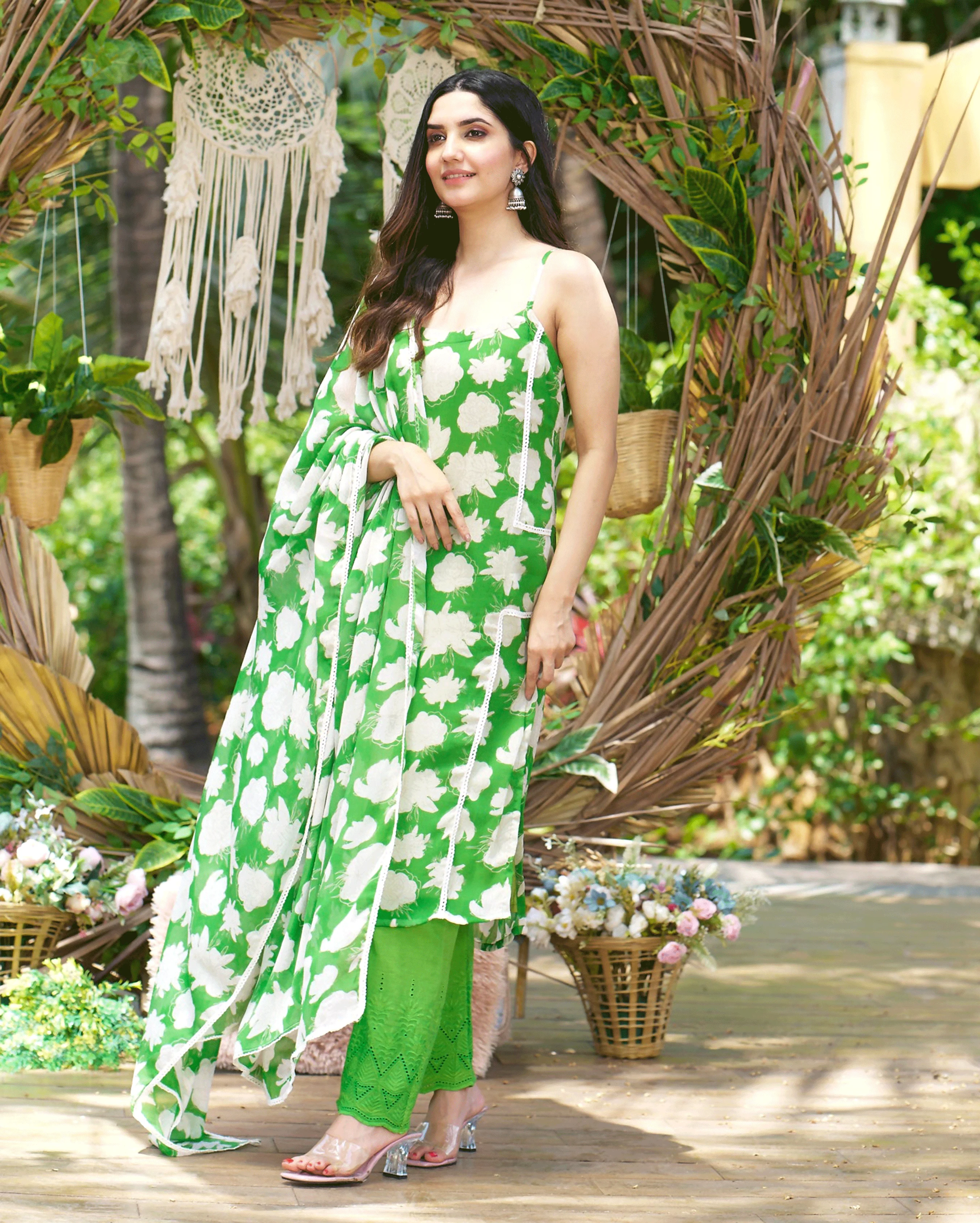 Drisana Green Printed Chiffon Suit Set - Image 4