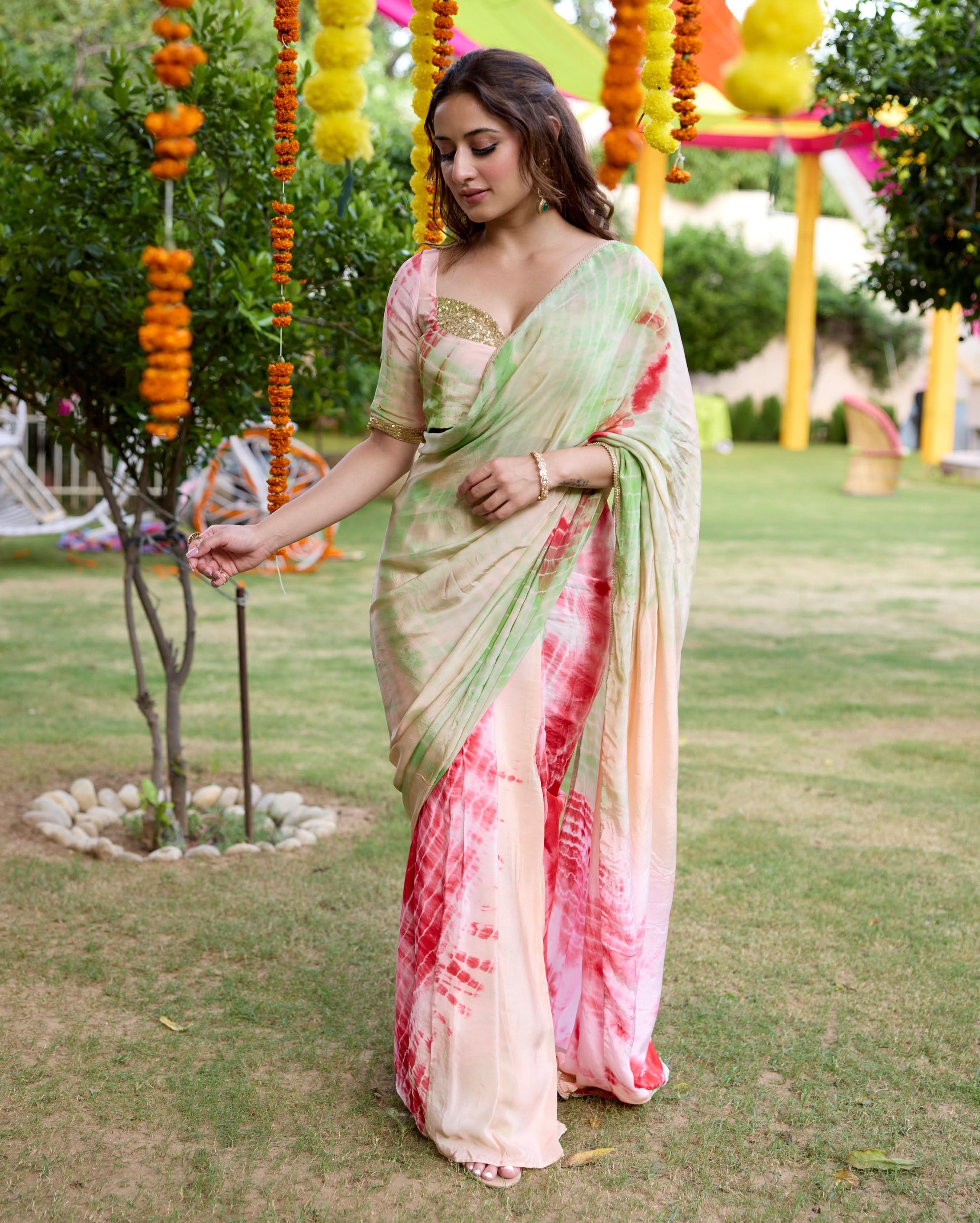 Drishti Multi Tie Dye Soft Organza Pre Draped Saree - Image 2