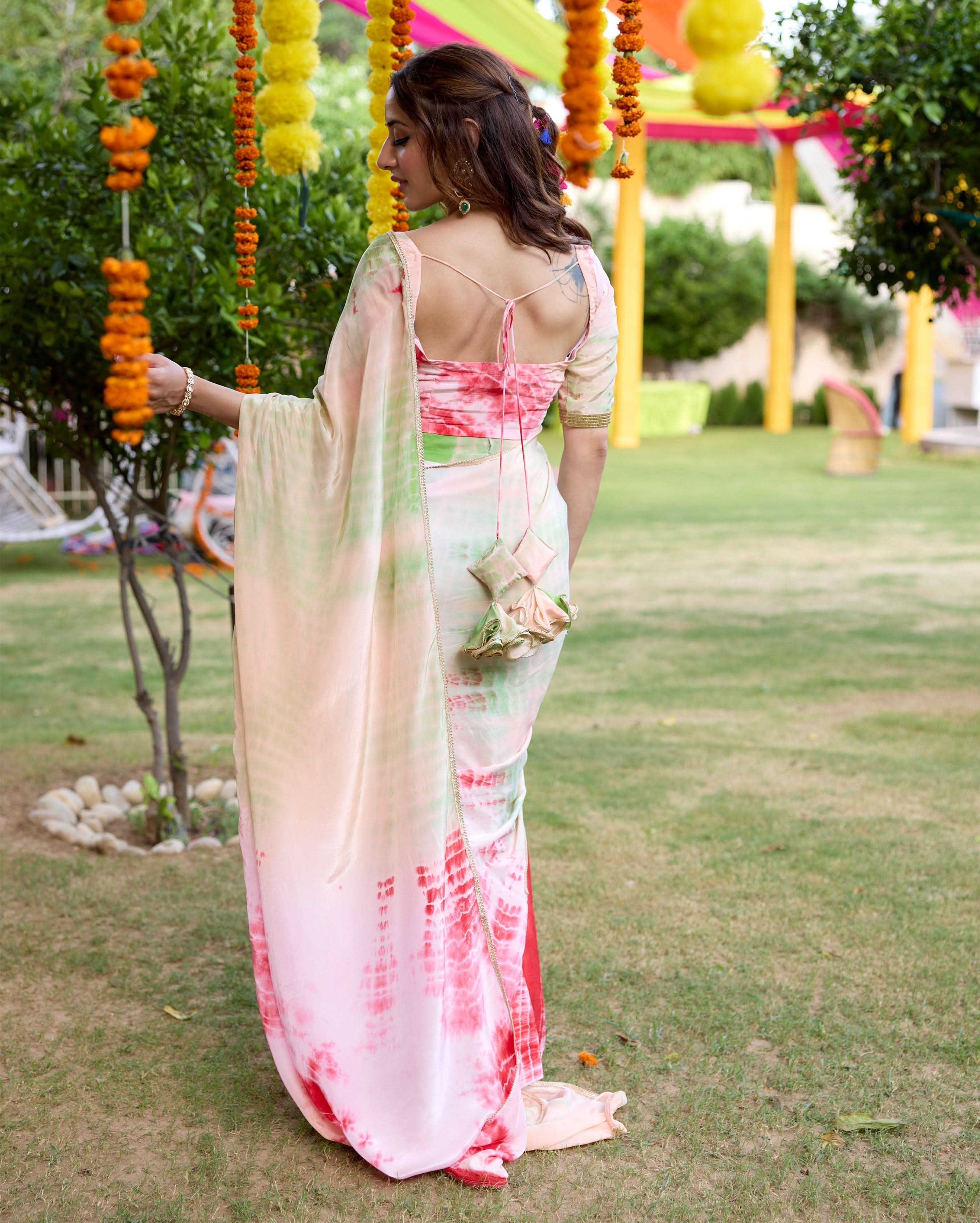 Drishti Multi Tie Dye Soft Organza Pre Draped Saree - Image 4