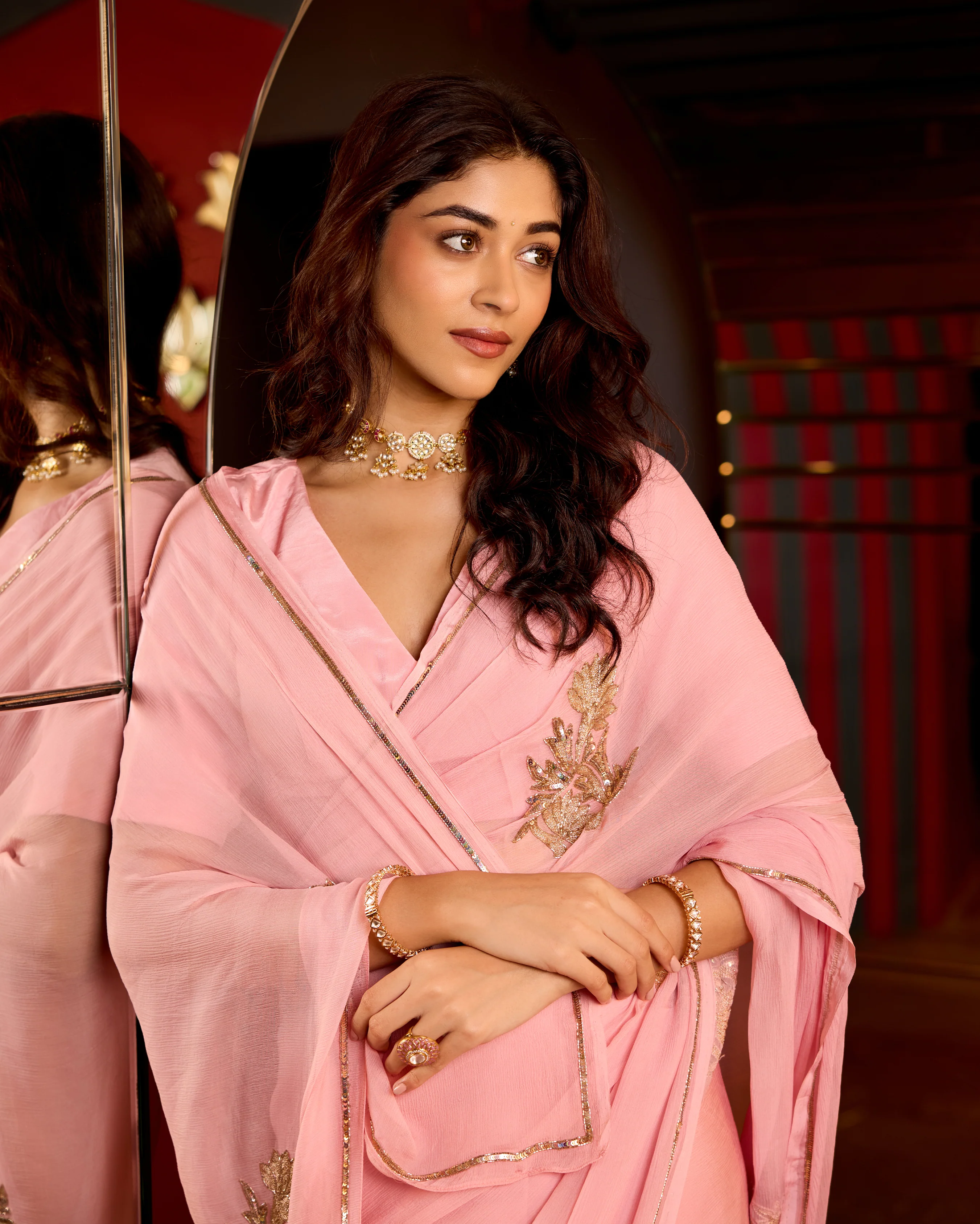 Ehsas Powder Pink Handcrafted Chiffon Saree - Image 5