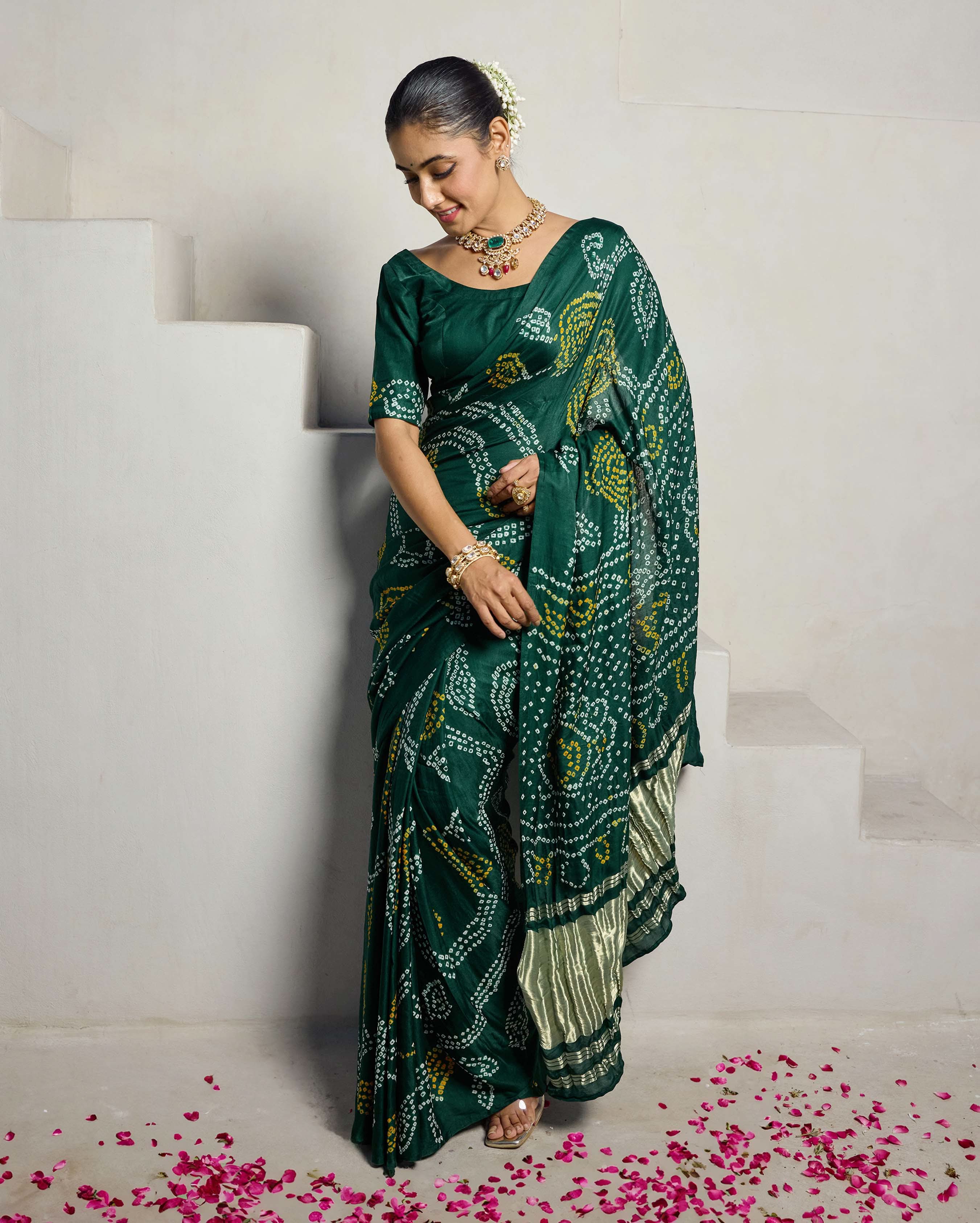 Elegance Bliss Green Silk Bandhani Saree - Image 2