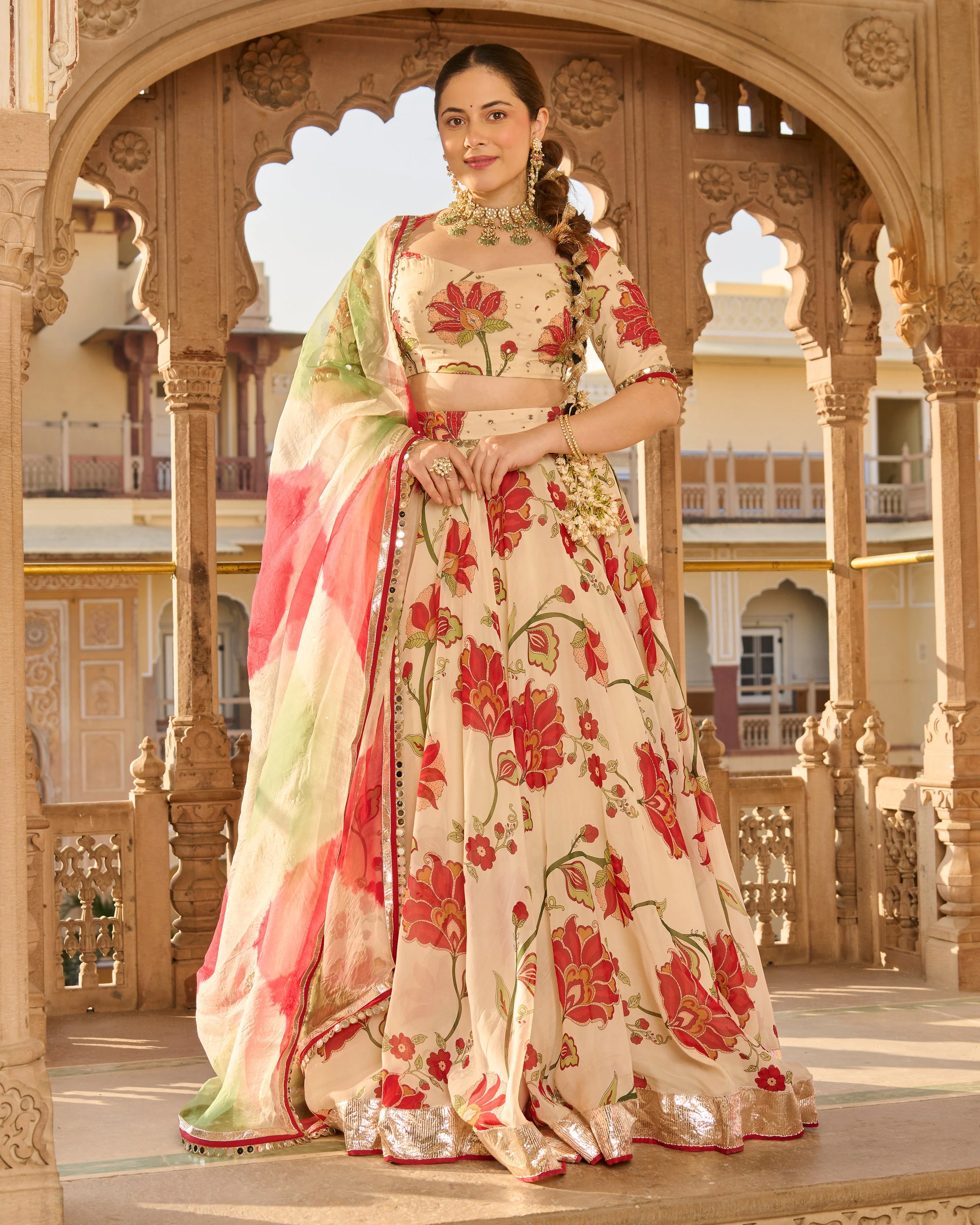 Fiza Cream Printed Viscose Organza Lehenga Set - Image 3