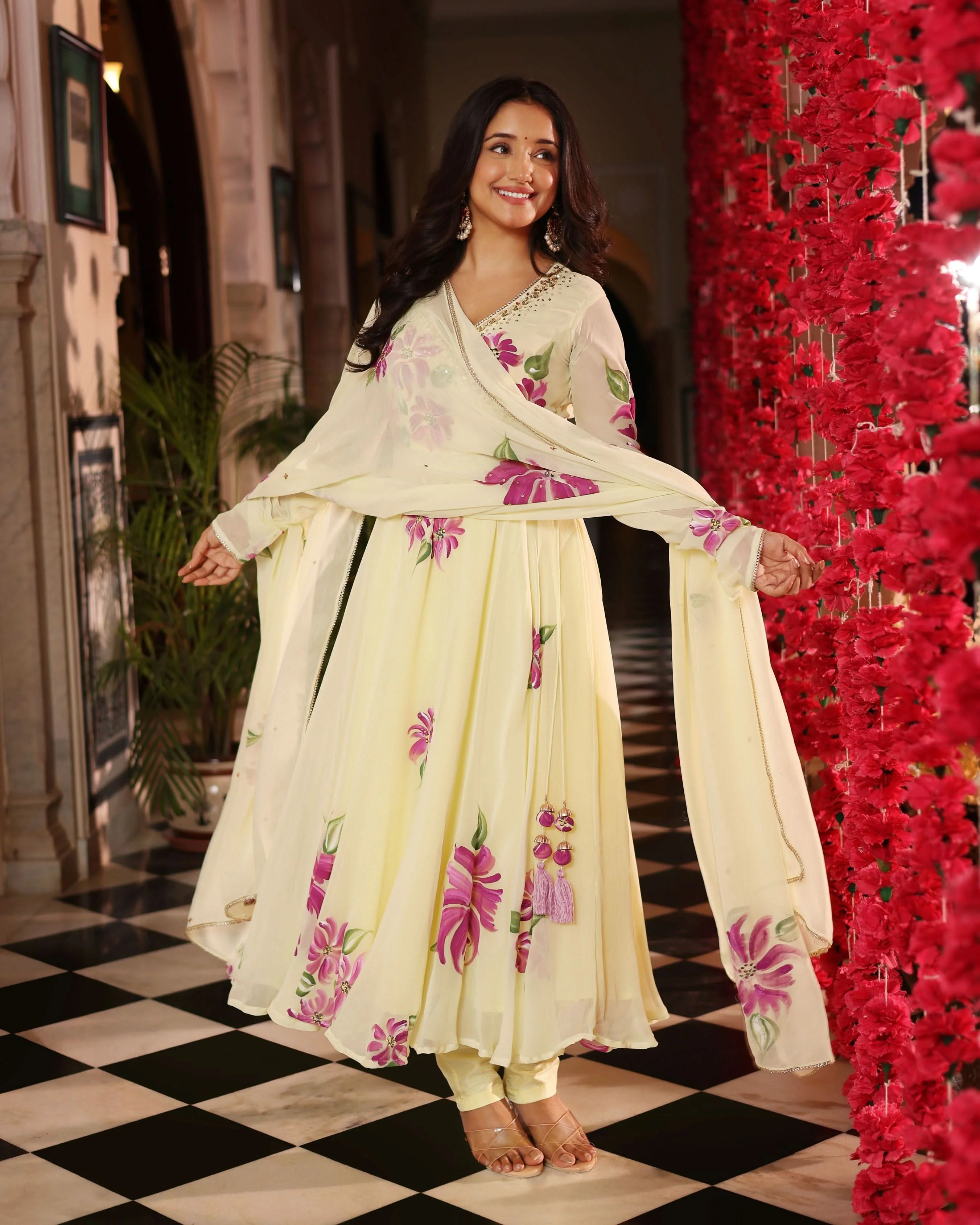 Floral Cream Dream Handpainted Georgette Suit Set - Image 5
